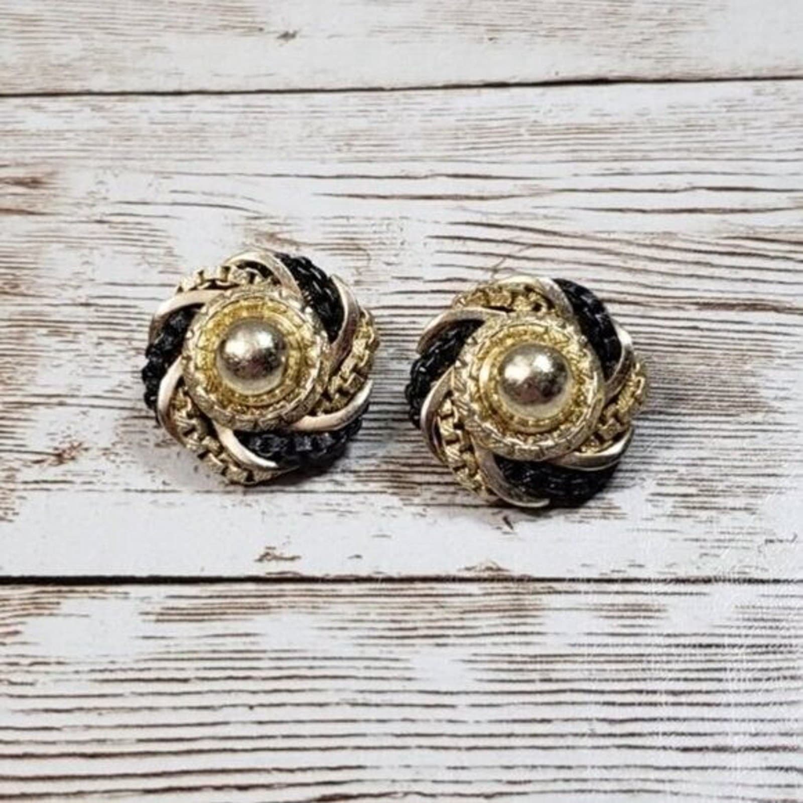 Vintage Clip On Earrings - Gold Tone & Black Swirl Circle Statement