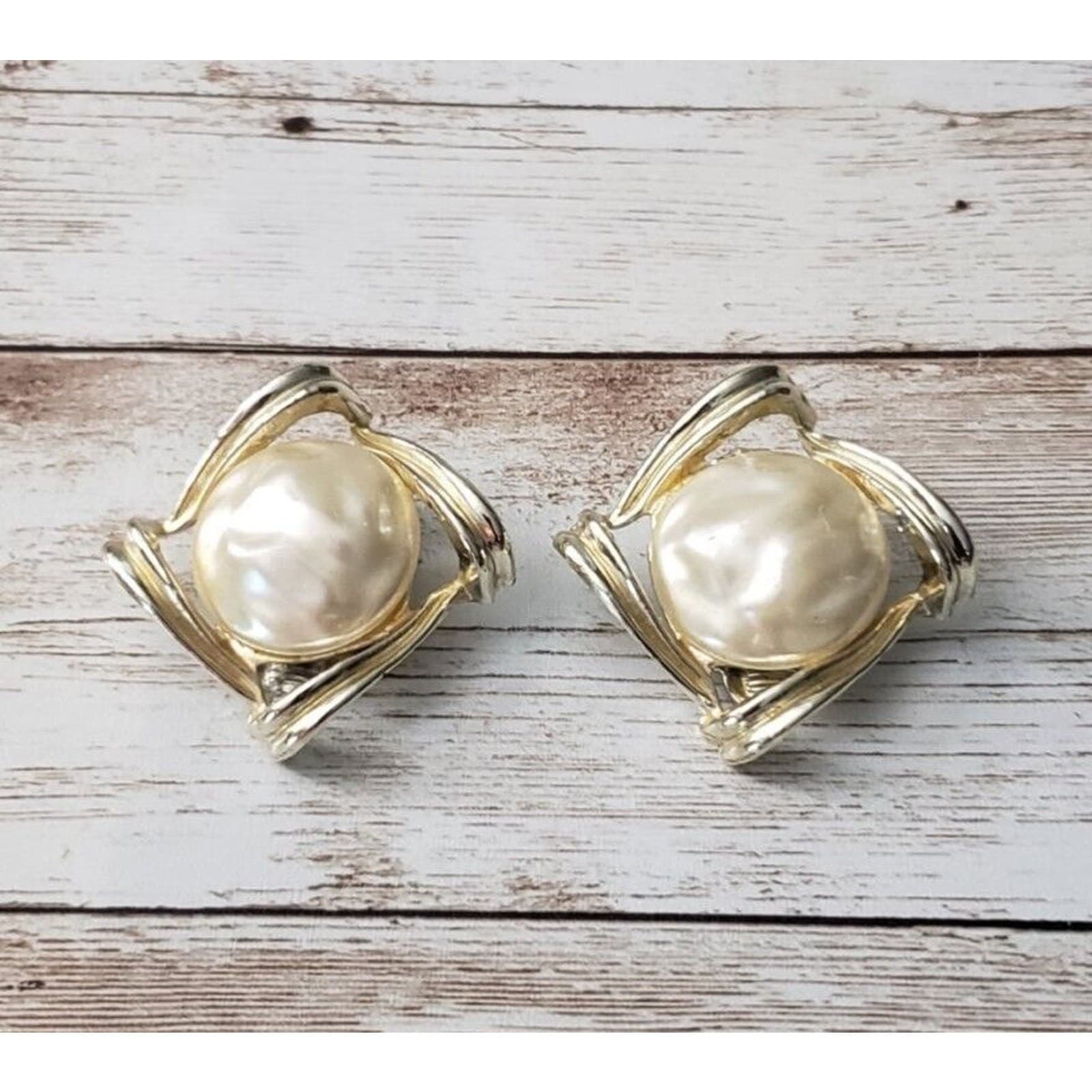 Vintage Clip On Earrings Large Faux Pearl With Unusual Halo Statement