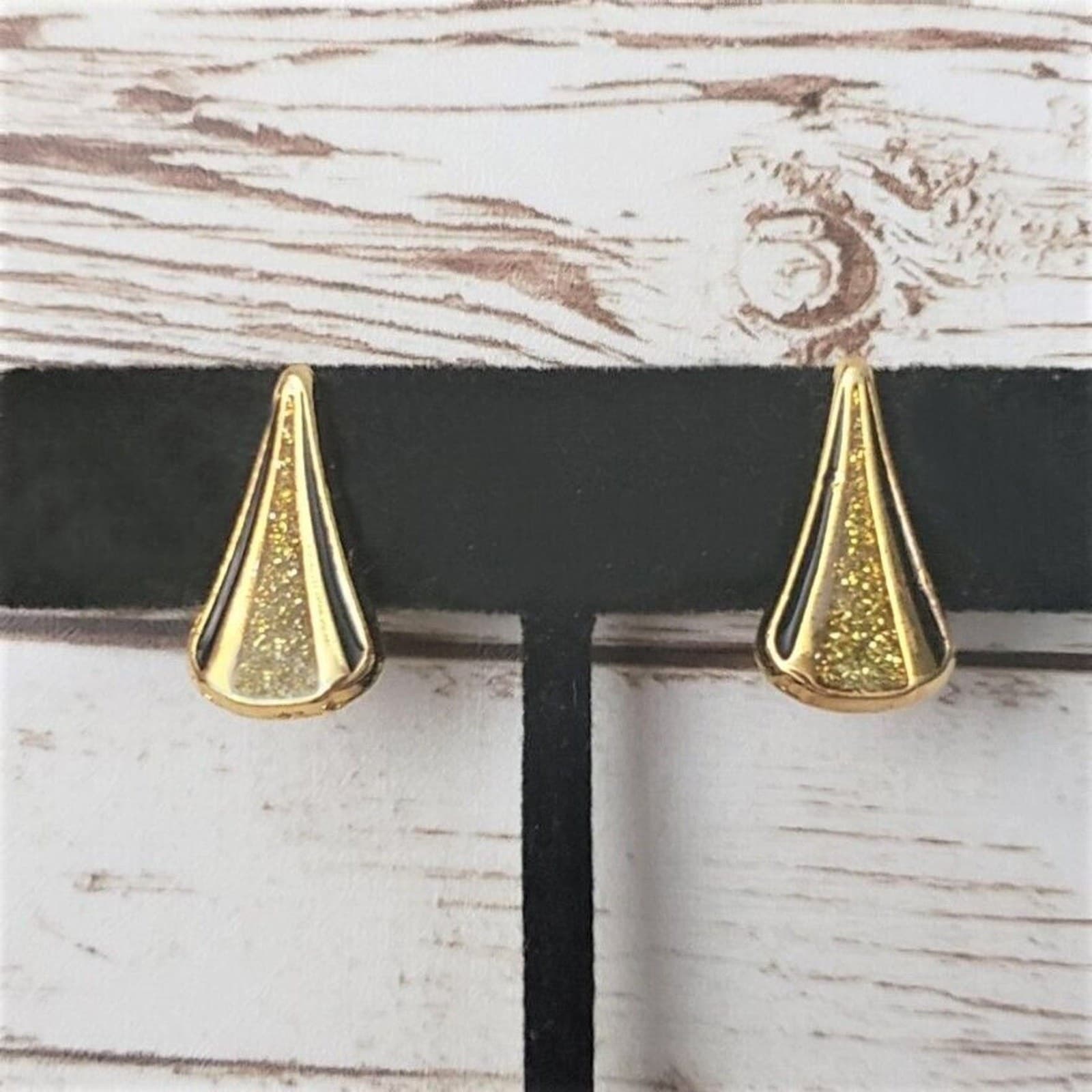 Vintage Clip On Earrings Gold Tone, Black & Glitter Triangular Shape