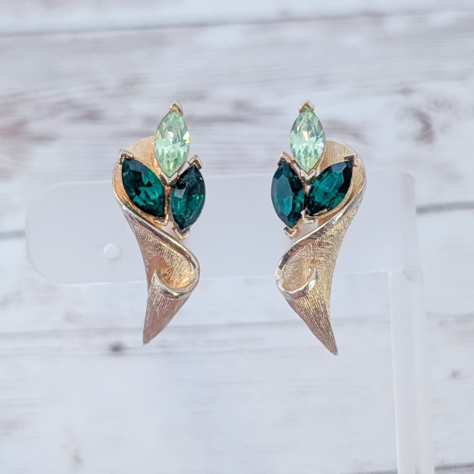 Vintage Coro Clip On Earrings Statement Gold Tone with Green Gems