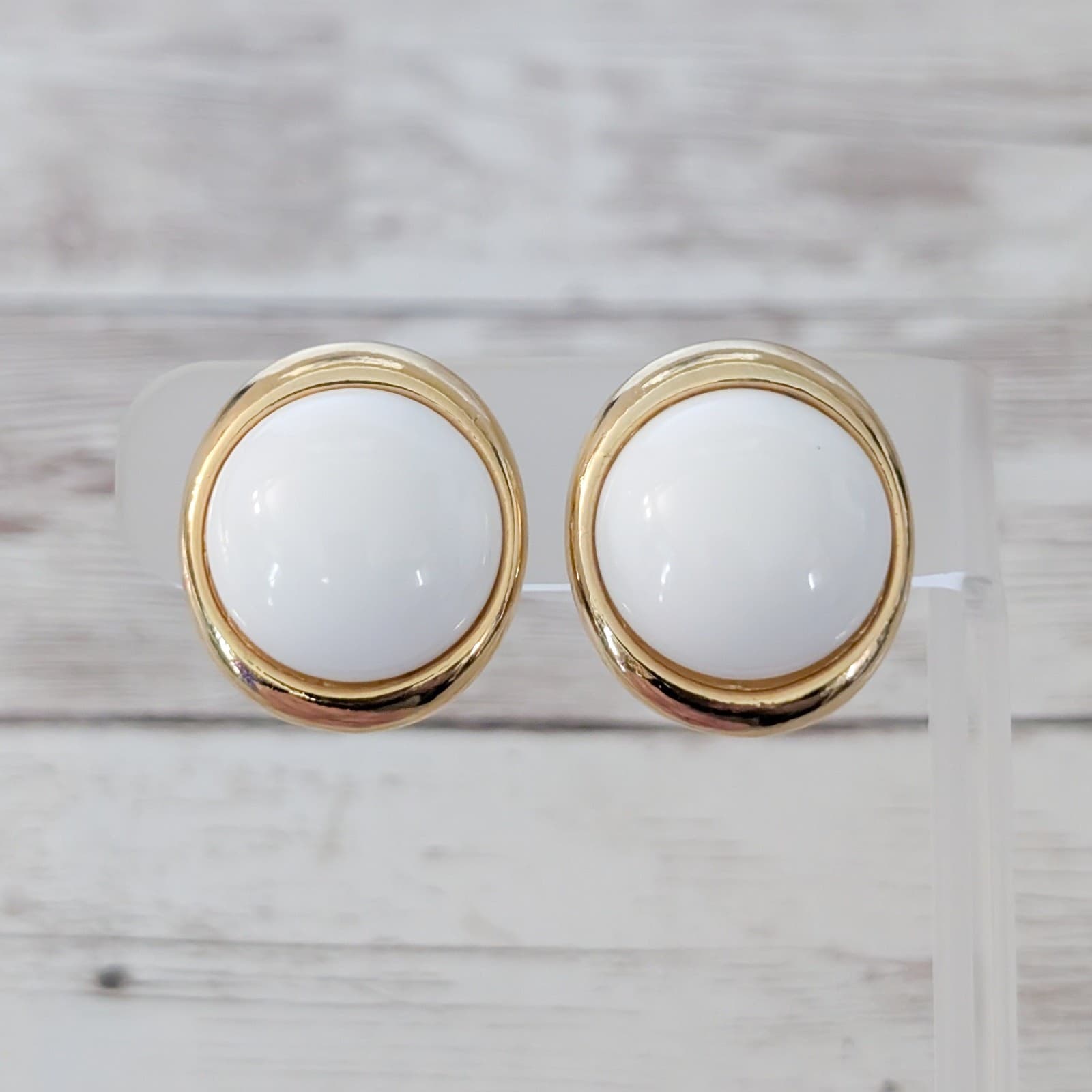 Vintage Clip On Earrings Large White with Gold Tone - Halo Imperfections