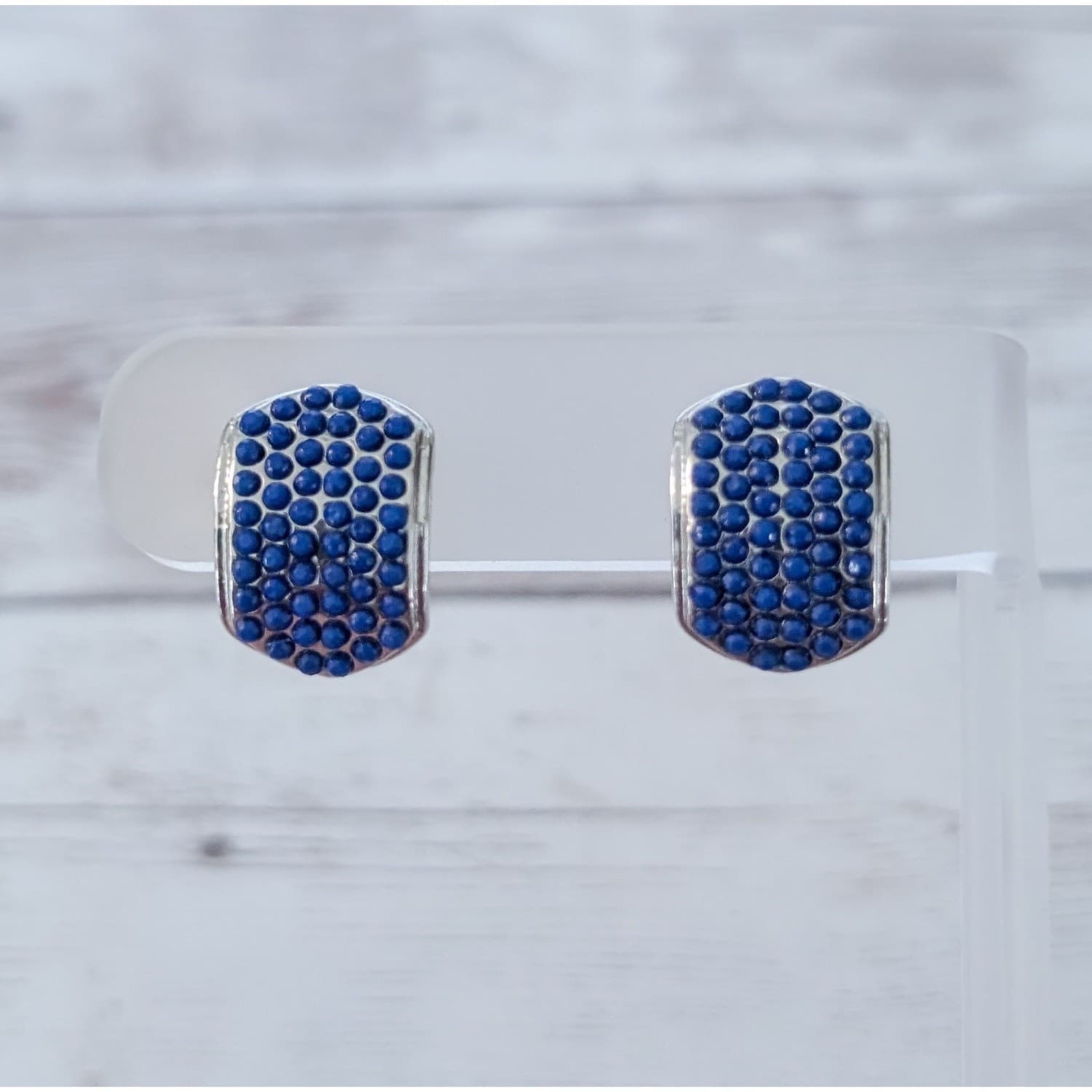 Vintage Clip On Earrings Blue & Gold Tone Curved 0.75"