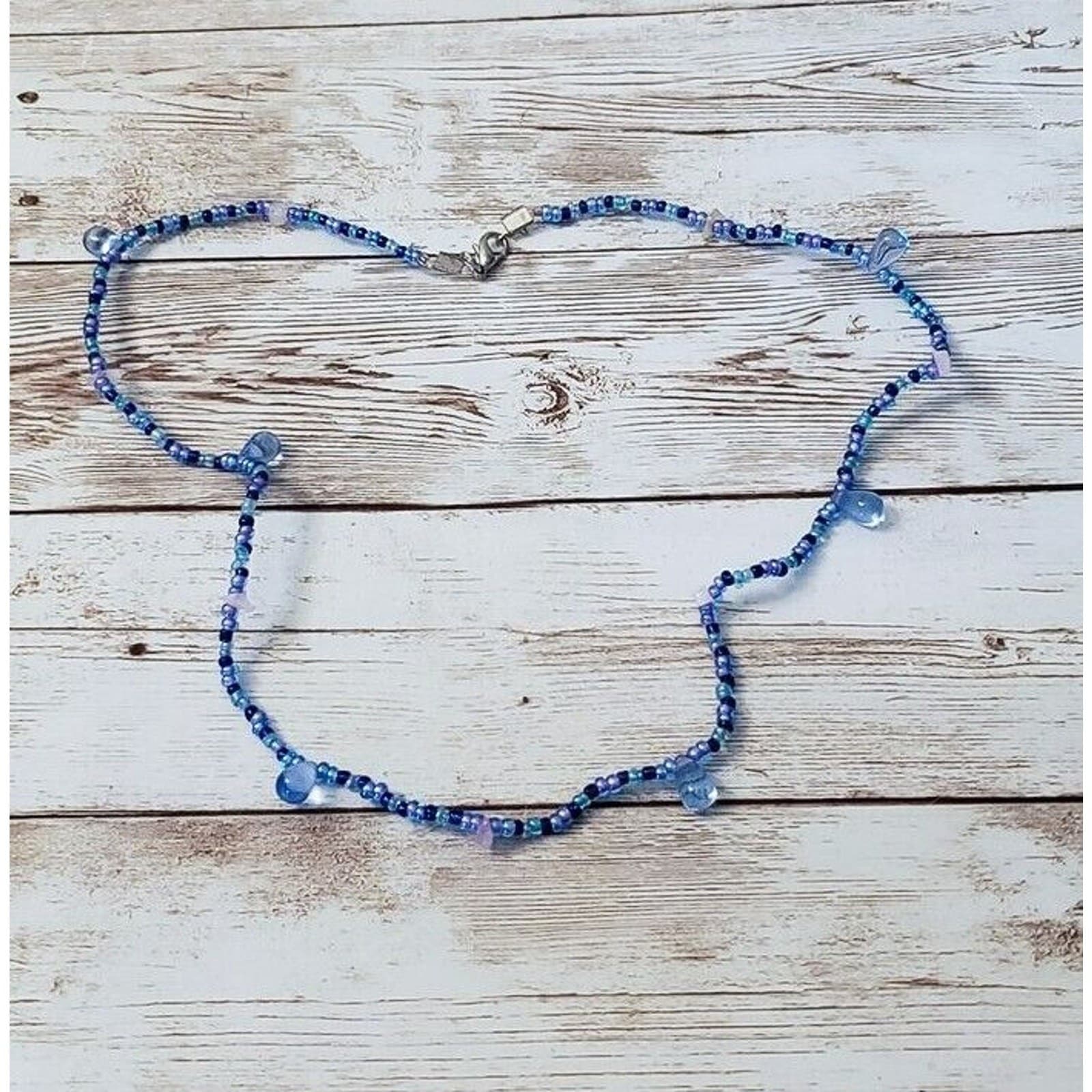 Vintage Necklace - Blue Beaded Wire Necklace with Droplet Detail