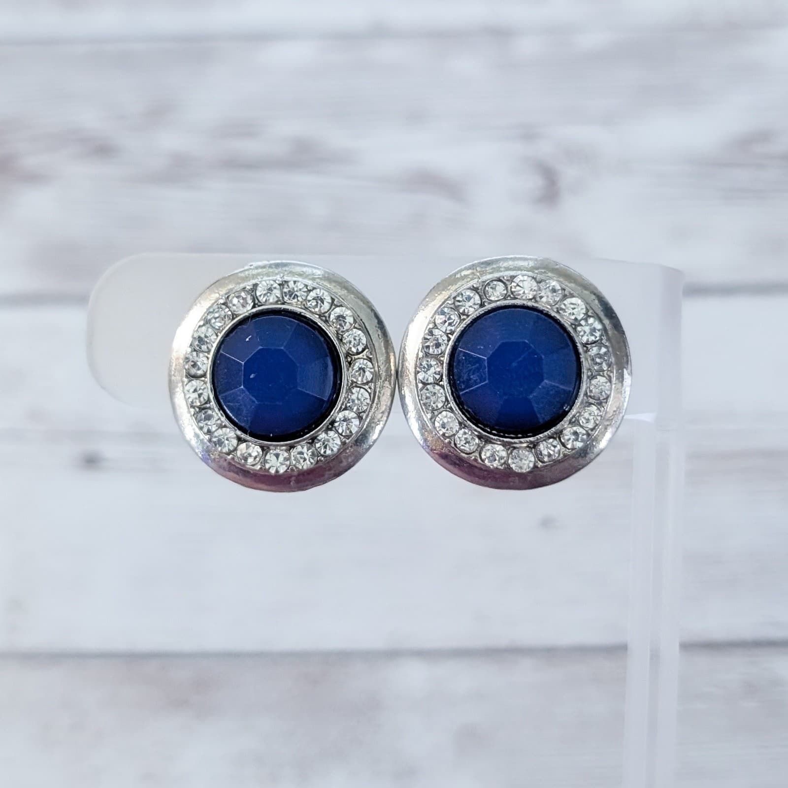 Vintage Clip On Earrings Silver Tone, Blue Center, Clear Gem Halo
