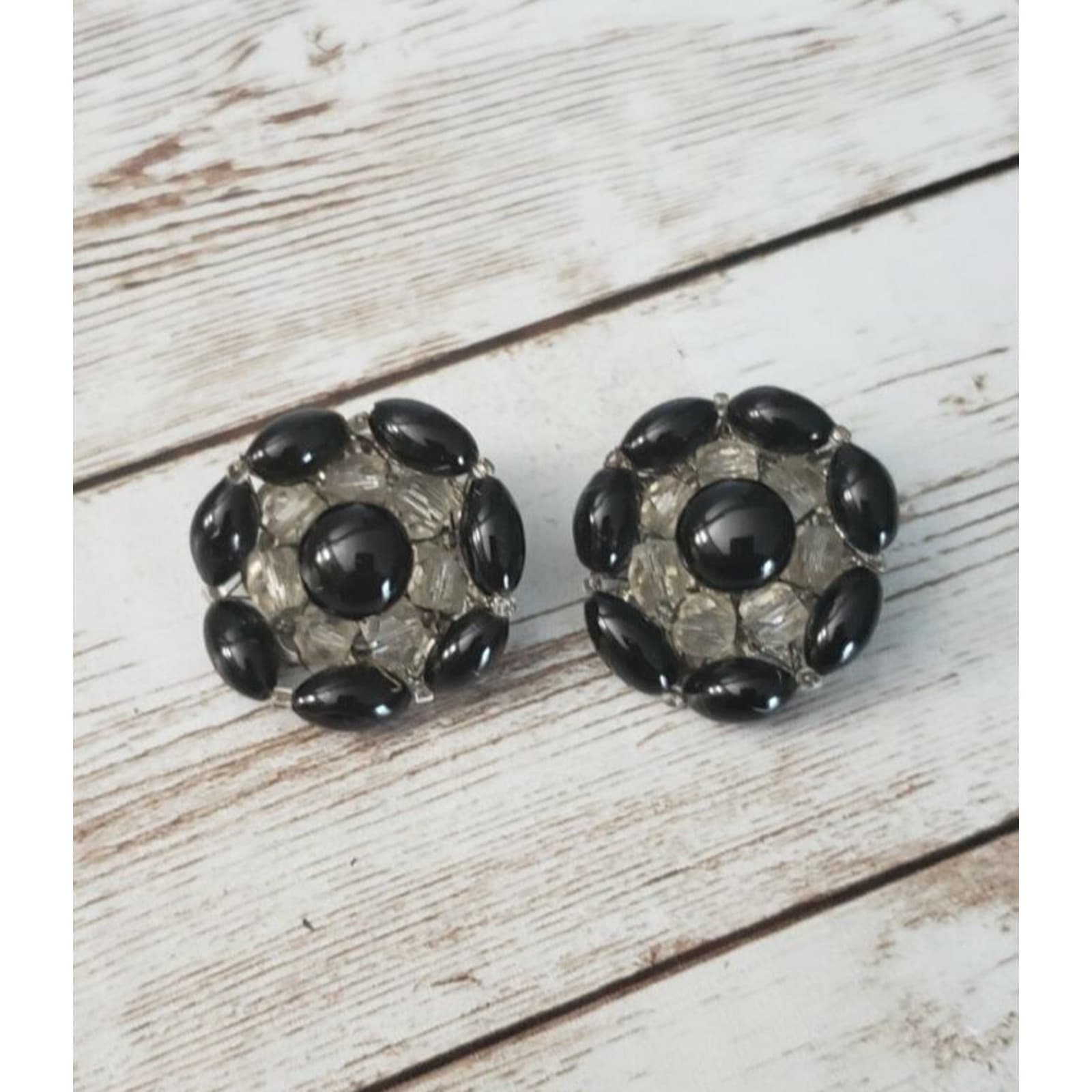Vintage Clip On Earrings - Black & Clear Beaded Circle