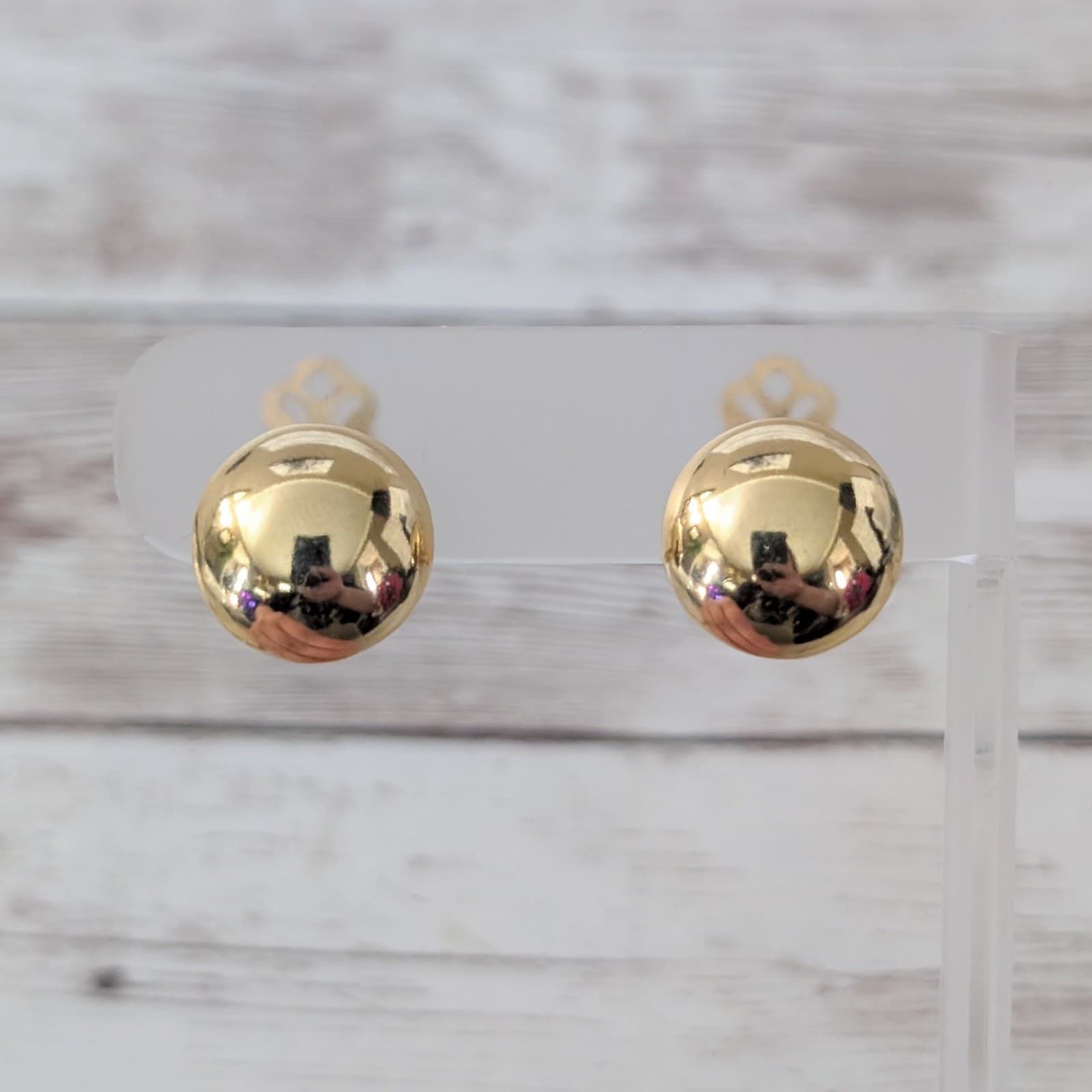 Vintage Clip On Earrings Mirrored Gold Tone Domed Circle 5/8"