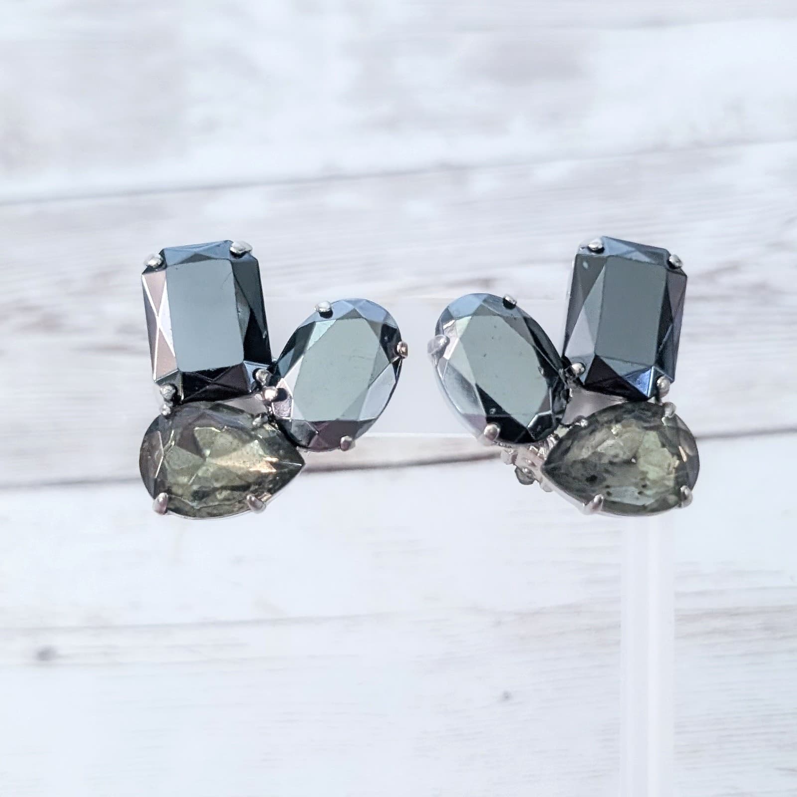 Vintage Clip On Earrings Large 1.25" Mirrored Gray and Muted Green Gems