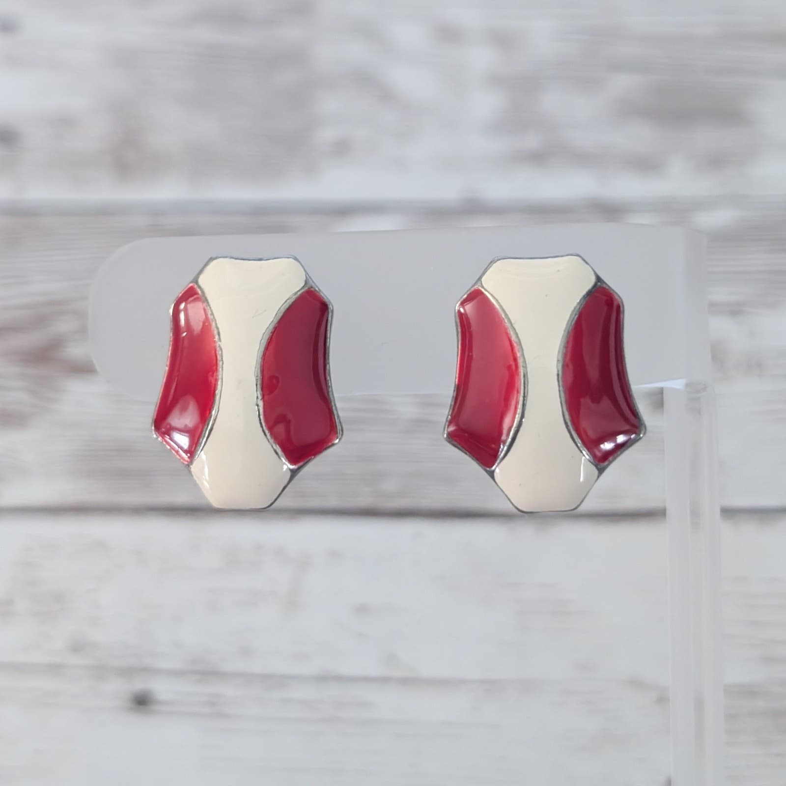 Vintage Clip On Earrings Retro Red & Cream Enamel Statement