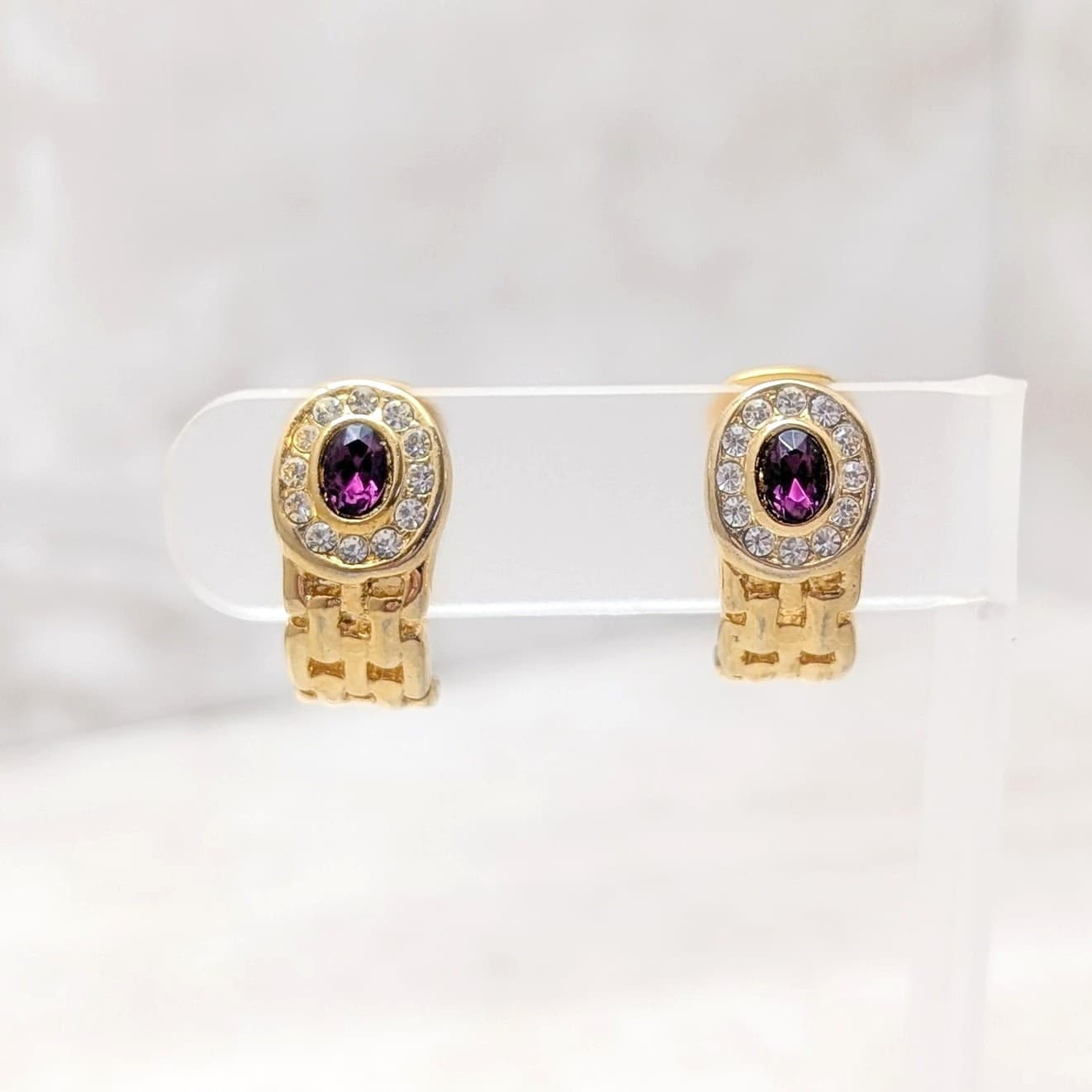 Vintage Clip On Earrings Gold Tone, Clear & Purple Gems Stunning Earrings