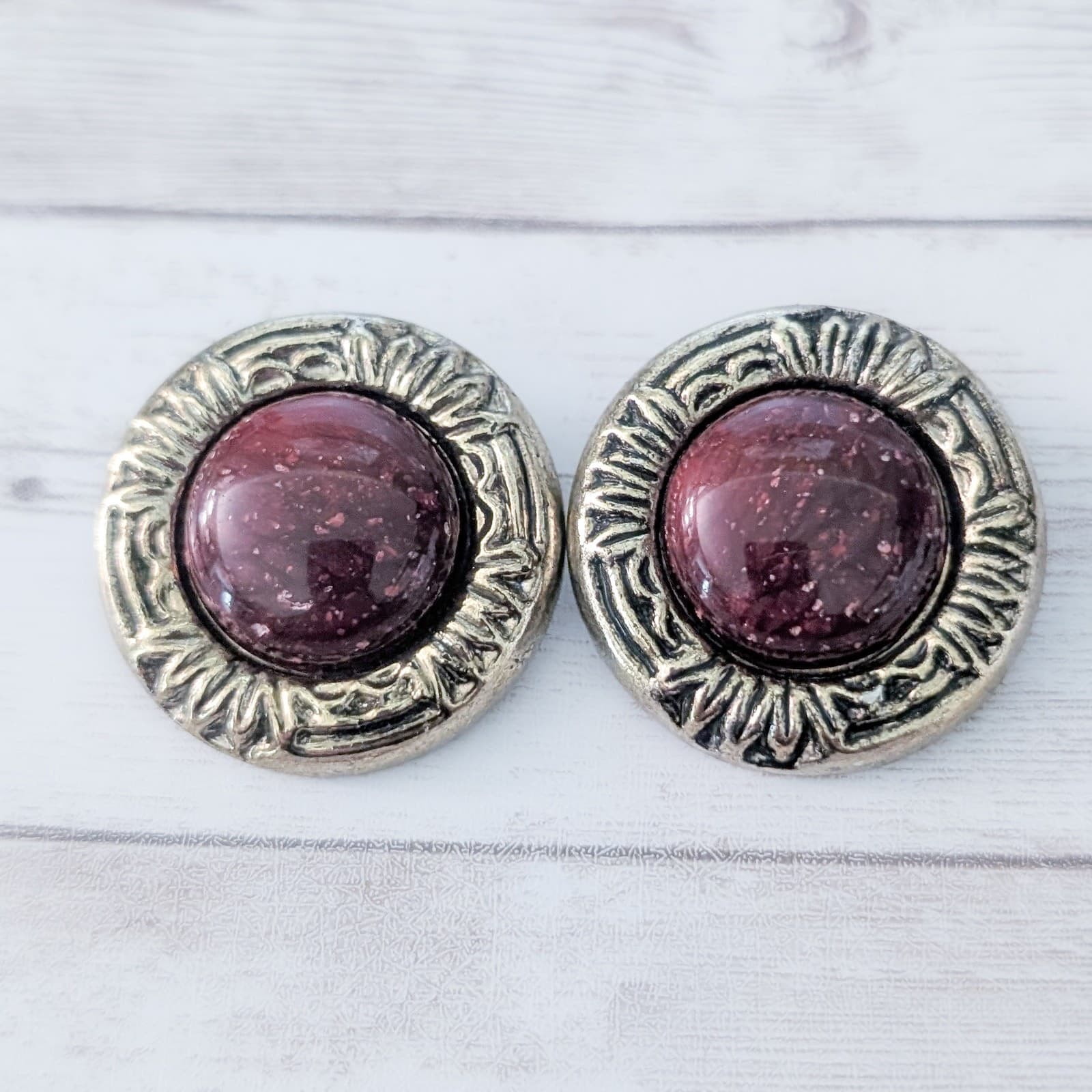Vintage Clip On Earrings Distressed Gold Tone Halo Burgundy Center Large 1.25"