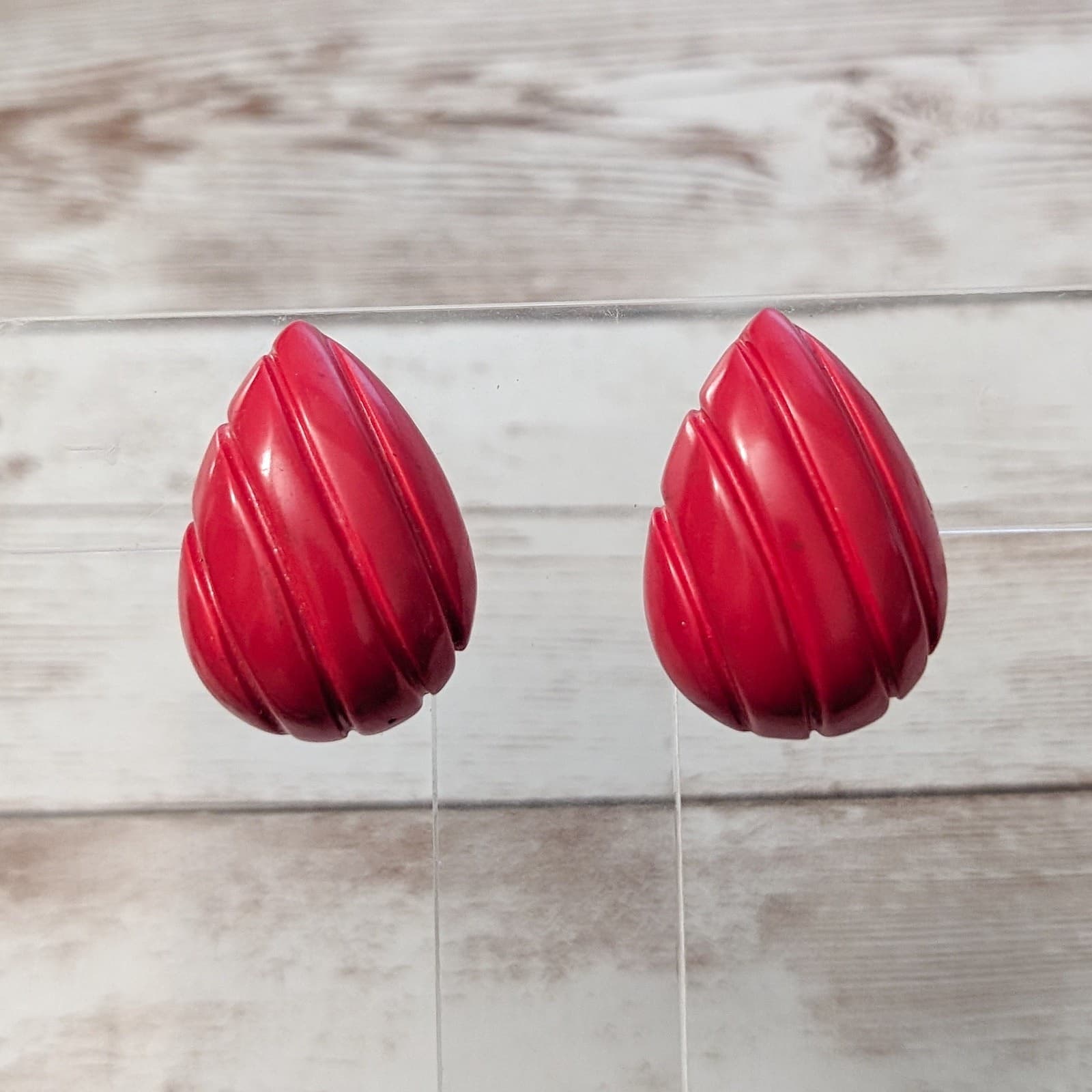 Vintage Clip On Earrings - Red Teardrop Shape with Line Design 1.25"