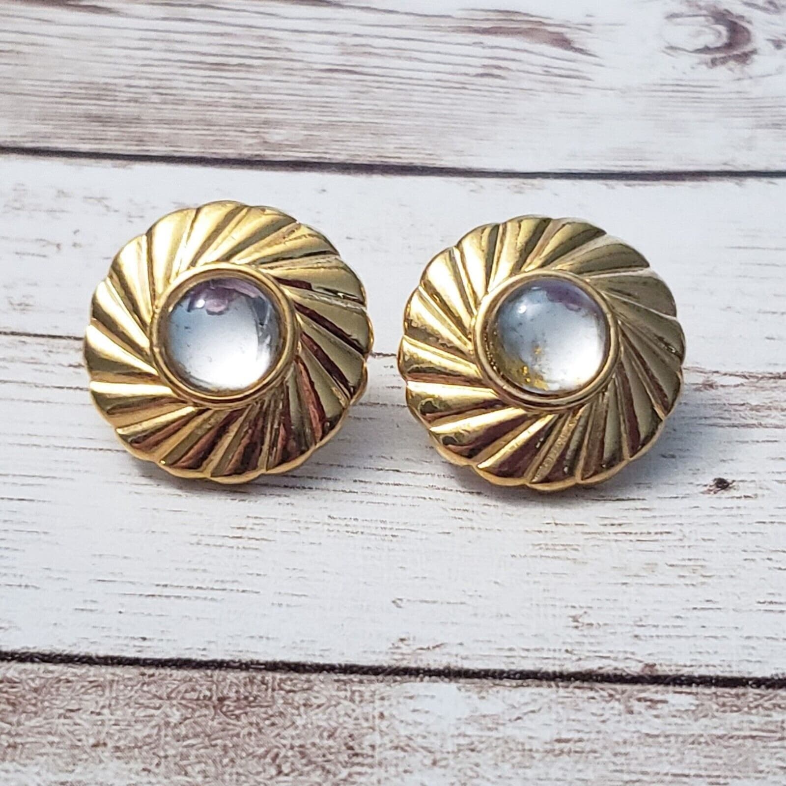 Vintage Sarah Coventry Clip On Earrings - Gold Tone with Light Blue Center 7/8"