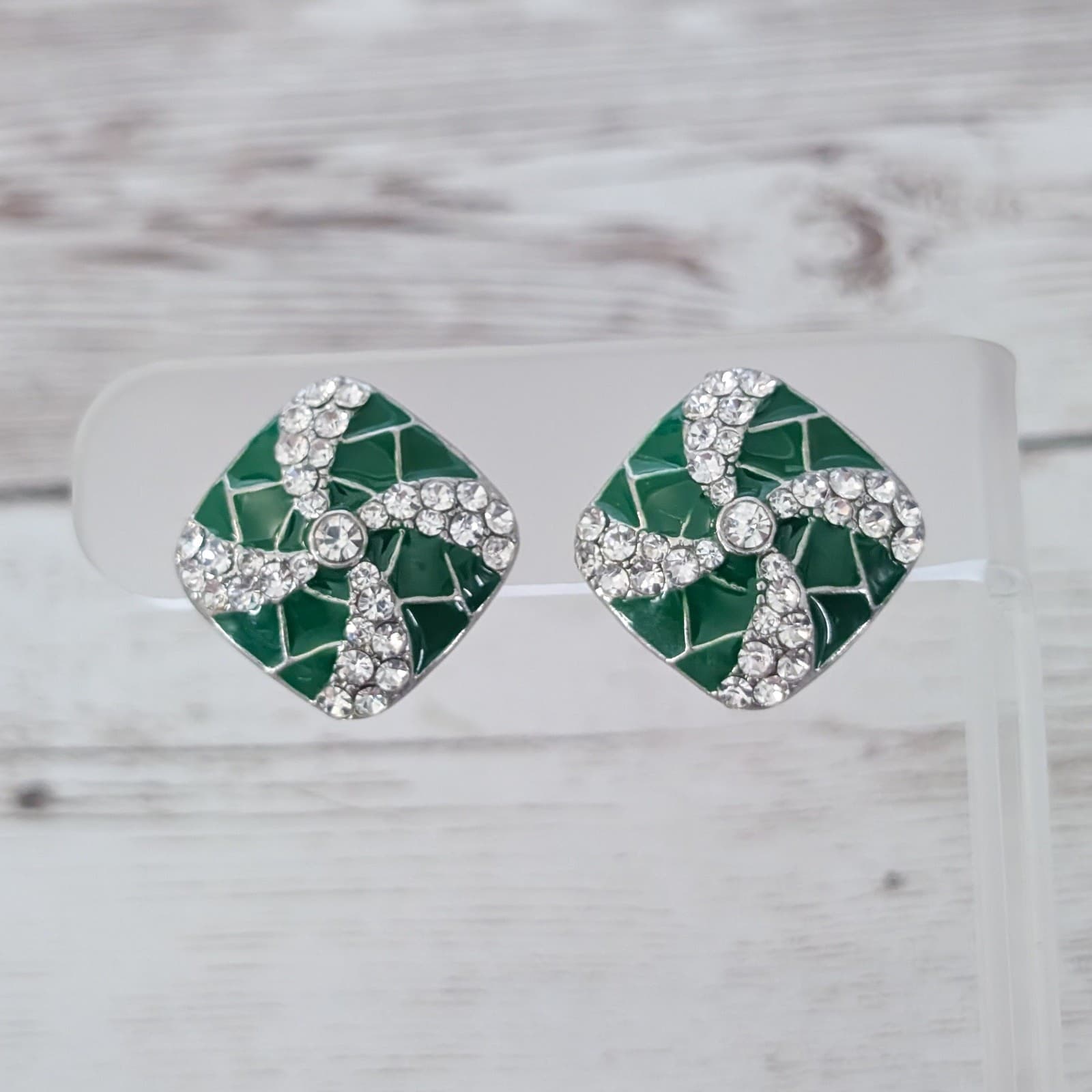 Vintage Clip On Earrings Statement Green with Clear Gems Elegant