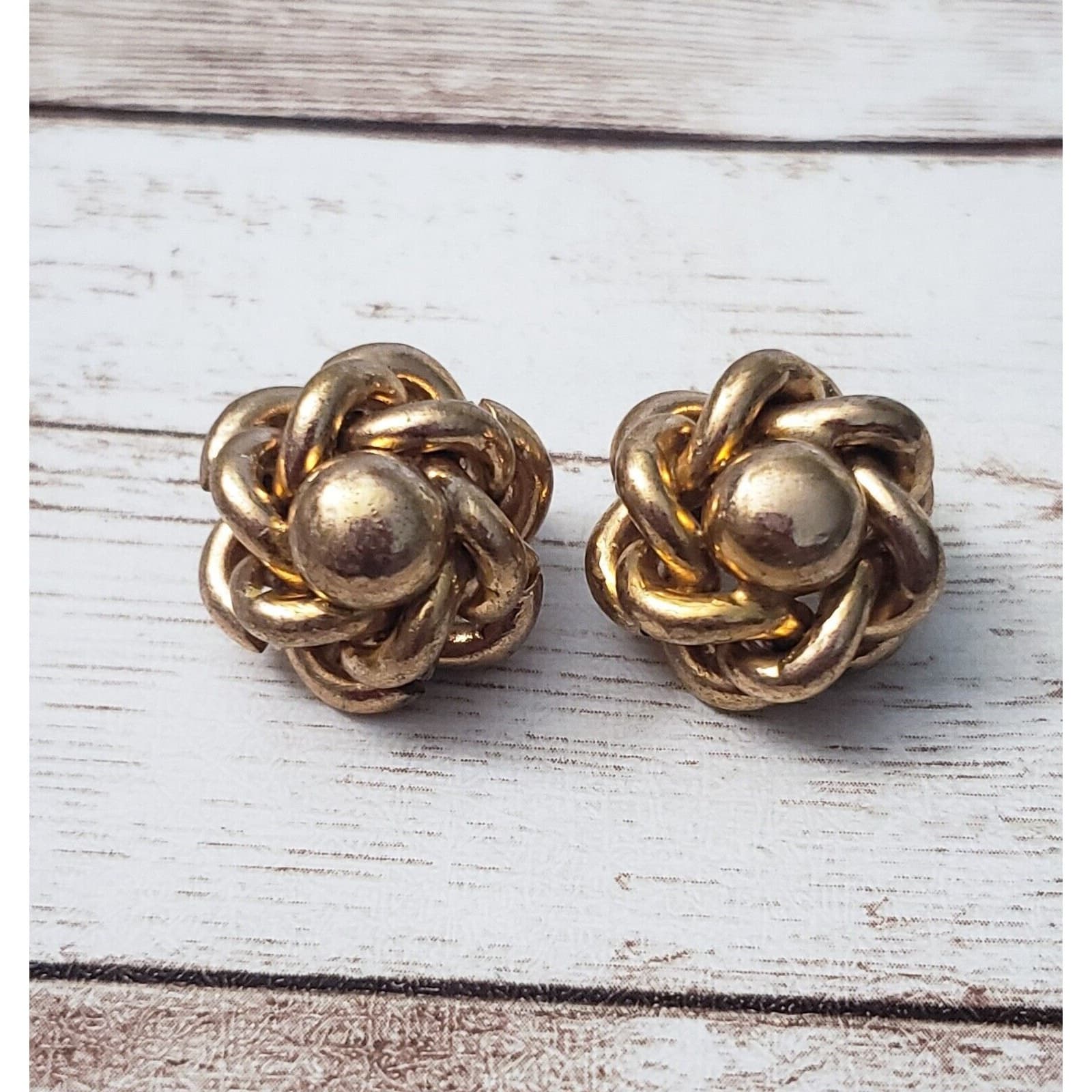 Vintage Clip On Earrings - Antique Gold Tone Knot Style Flower 0.75"