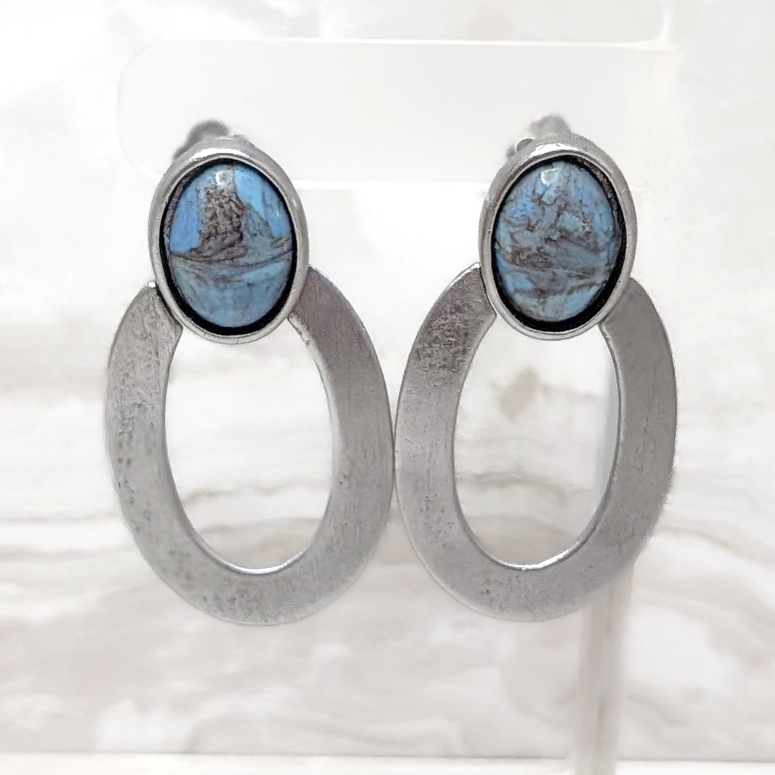 Vintage Mary Ellen Stewart Clip On Earrings Large Silver Tone & Turquoise Tone