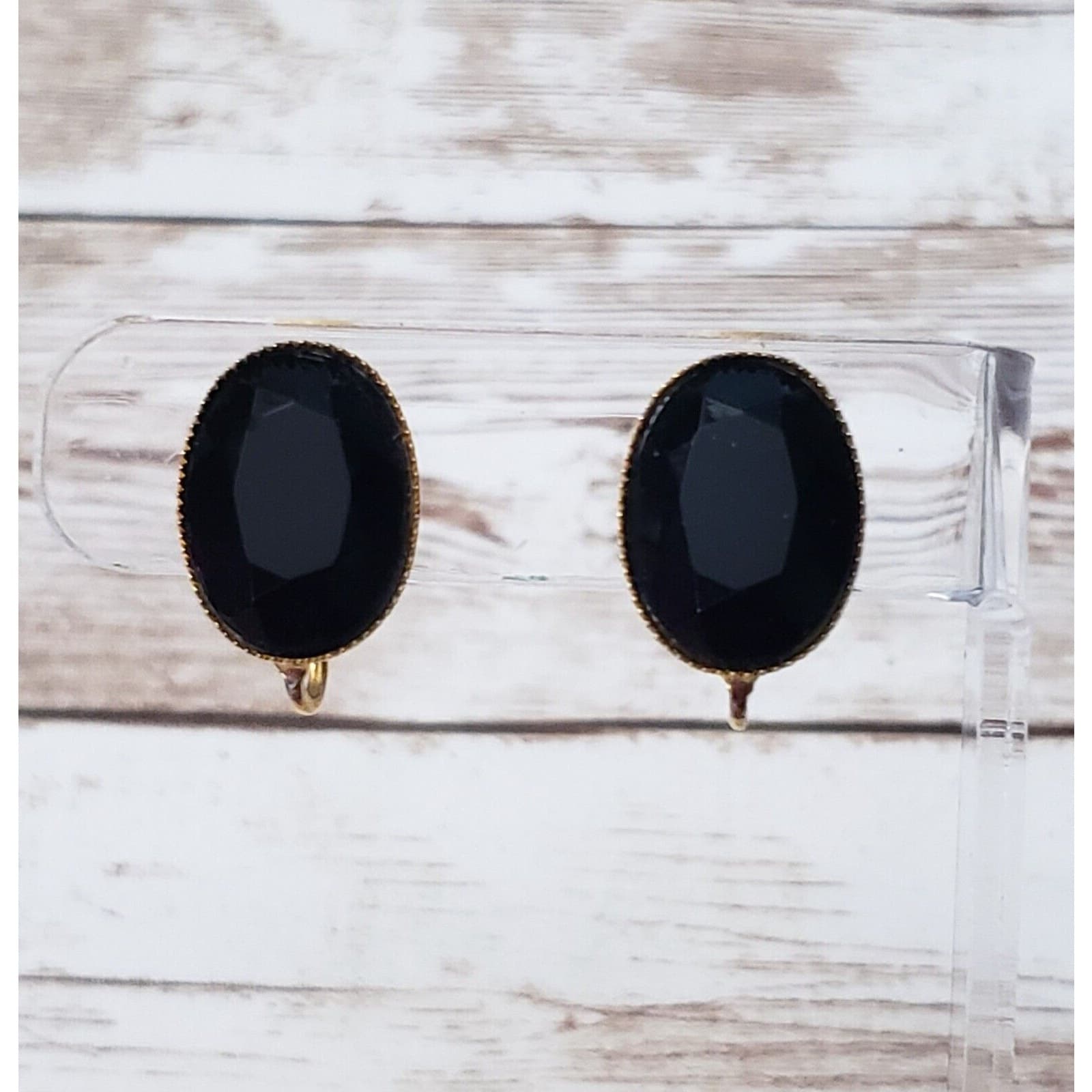 Vintage Clip On Earrings - Black Gem Oval Shape 0.75"