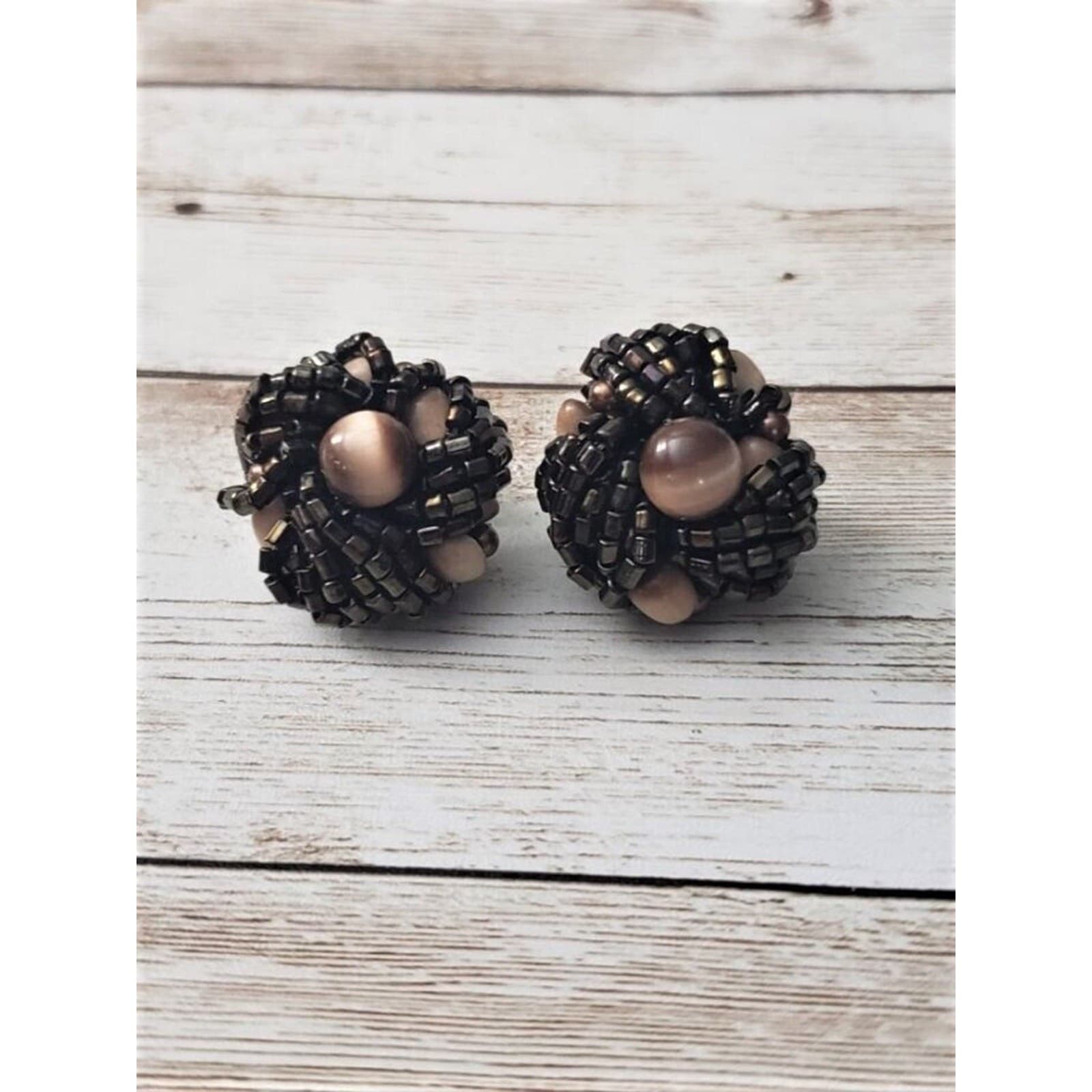 Vintage Clip On Earrings - Beaded Wrap Style Brown Tones