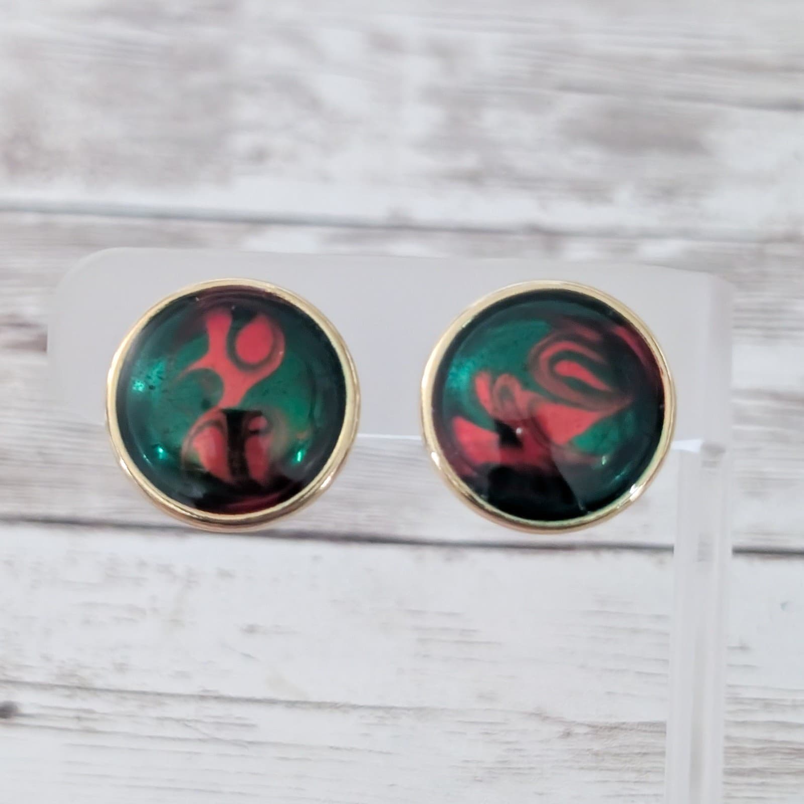 Vintage Clip On Earrings Green & Red with Gold Tone Halo 7/8"