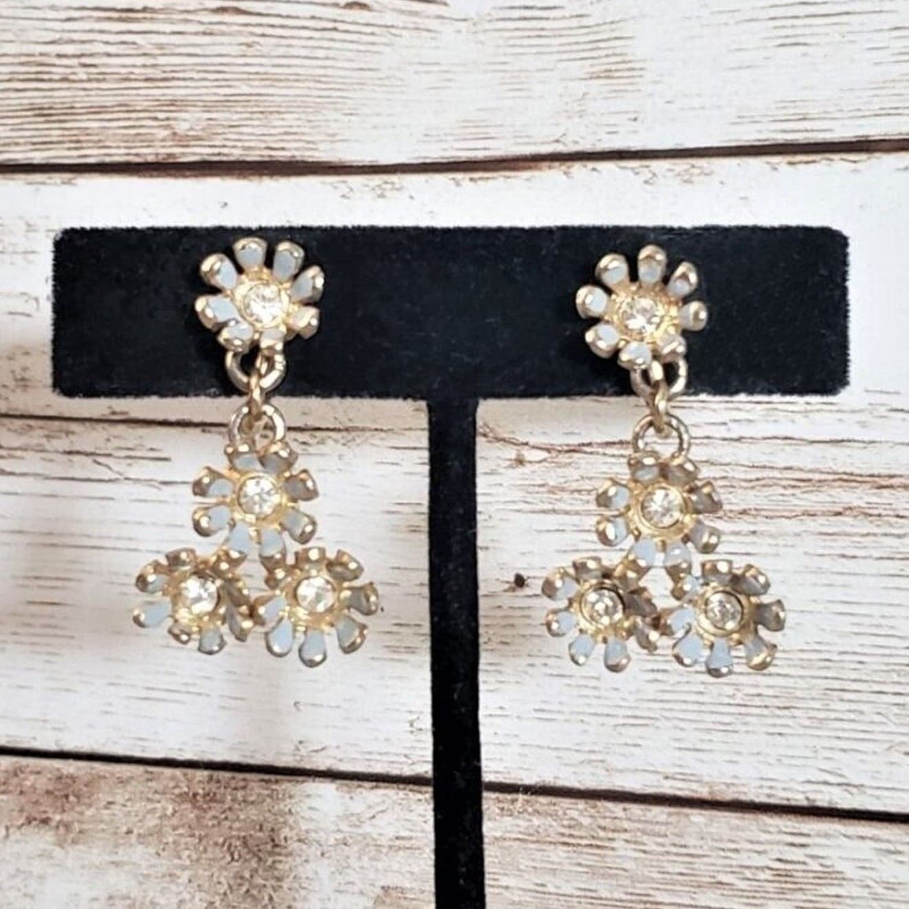 Vintage Screw On Earrings - Dangle Light Blue Flowers with Clear Gems