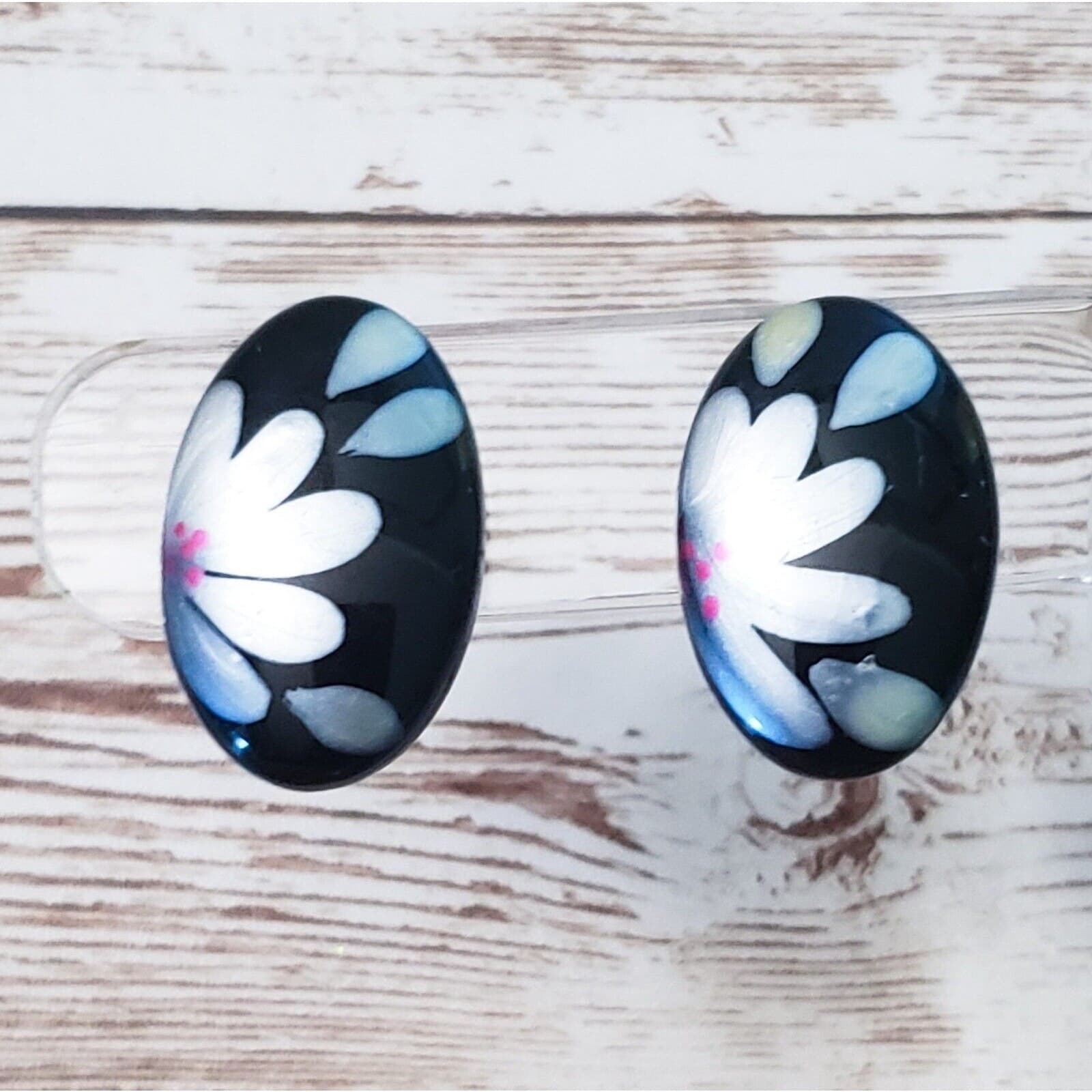 Vintage Clip On Earrings - Black Oval with Flower Design 1"