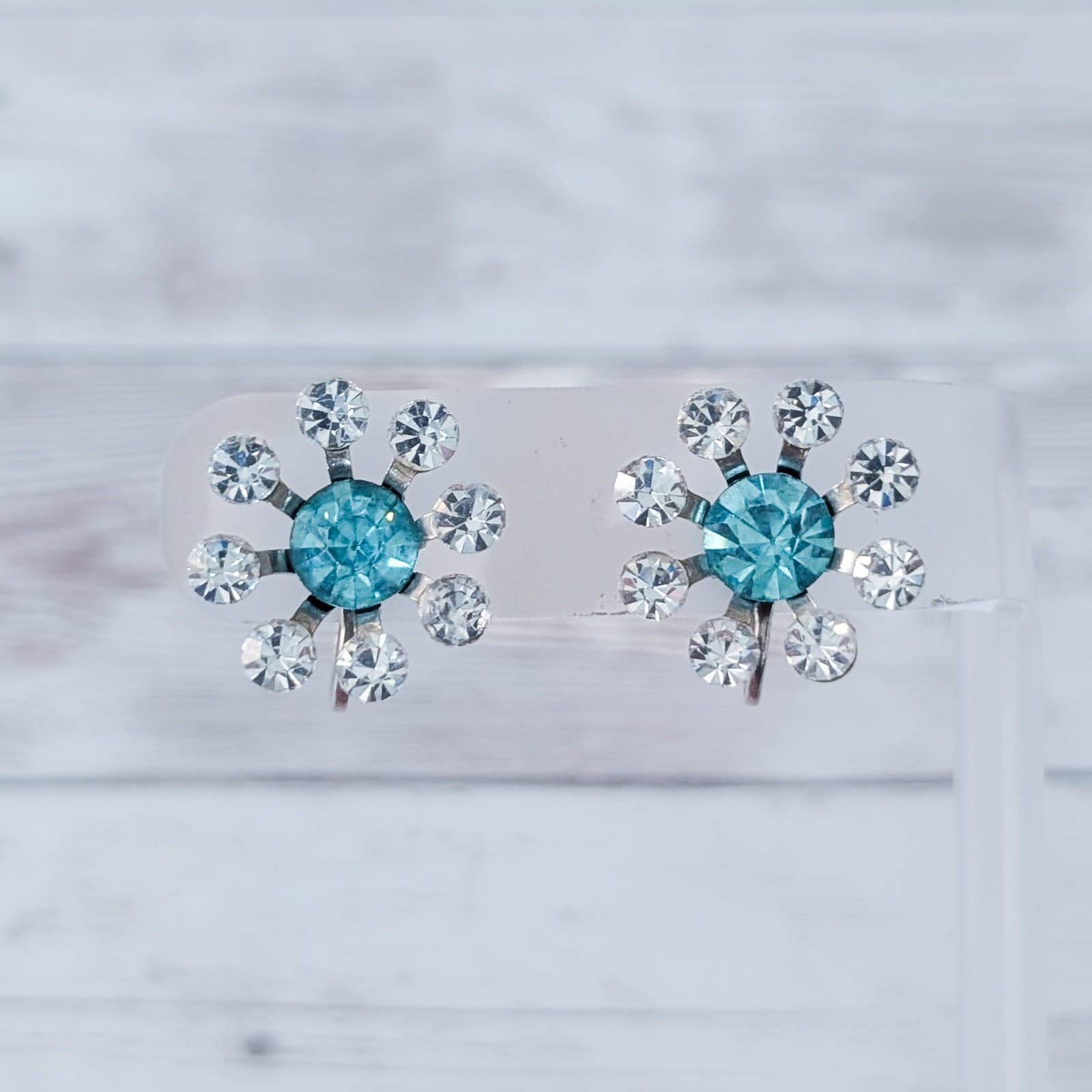 Vintage Screw On Earrings Blue & Clear Gem Flower