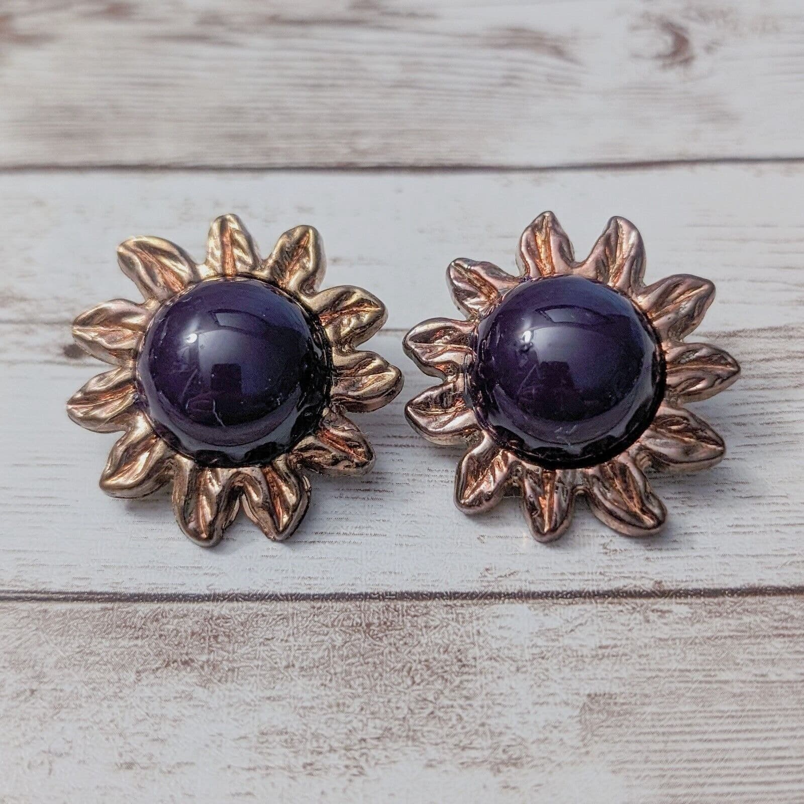 Vintage Clip On Earrings - Sunflower Like Design Large with Purple Center