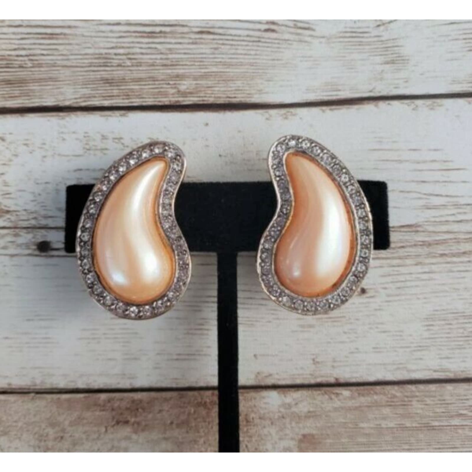 Vintage Clip On Earrings - Swooshing Tear Shape Peach Faux Pearl with Clear Gems