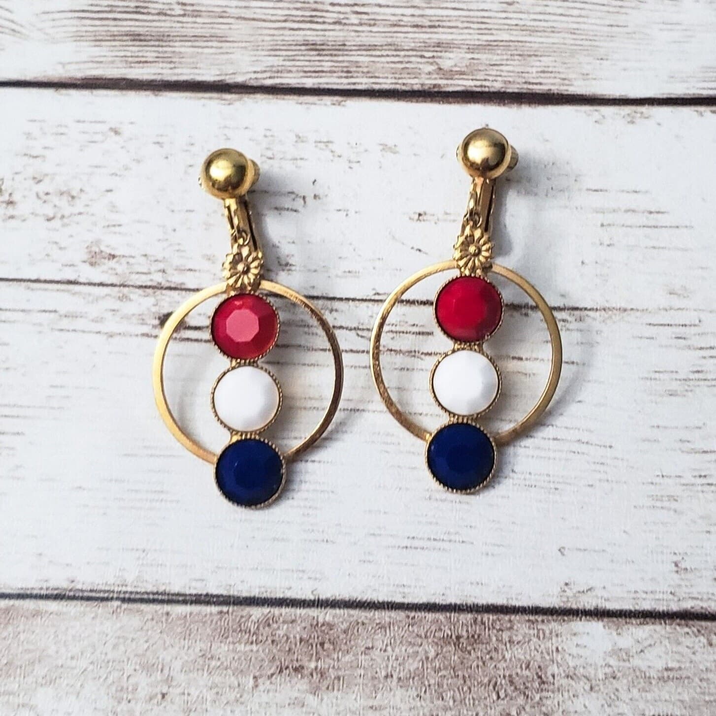 Vintage Clip On Earrings - Red, White, Blue Gems In Circle Dangle