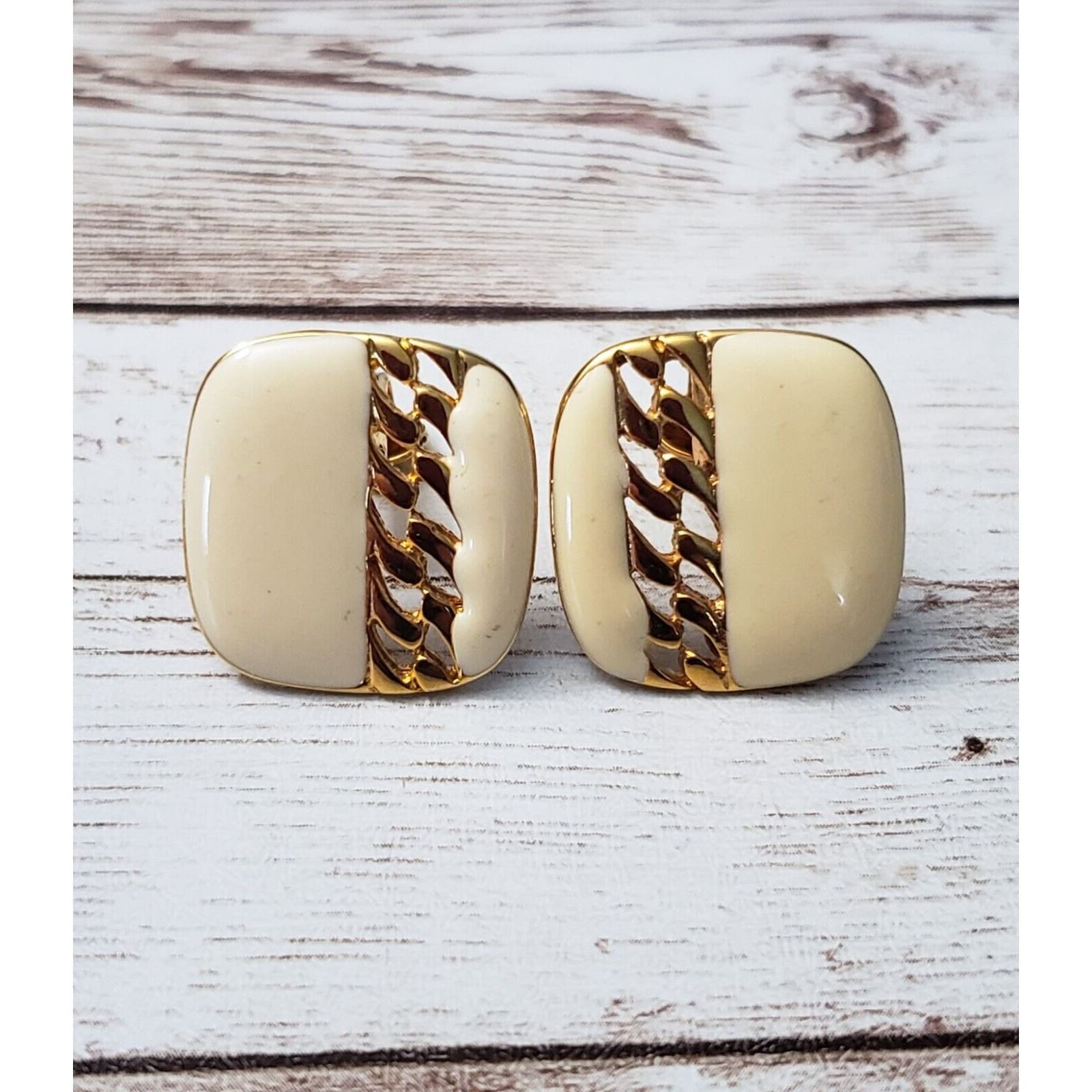 Vintage Clip On Earrings Cream, Gold Tone Detail Rounded Square 7/8"
