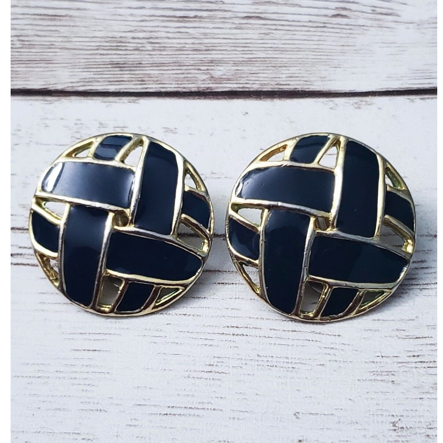 Vintage Clip On Earrings - Woven Design Statement Earrings Black & Gold Tone