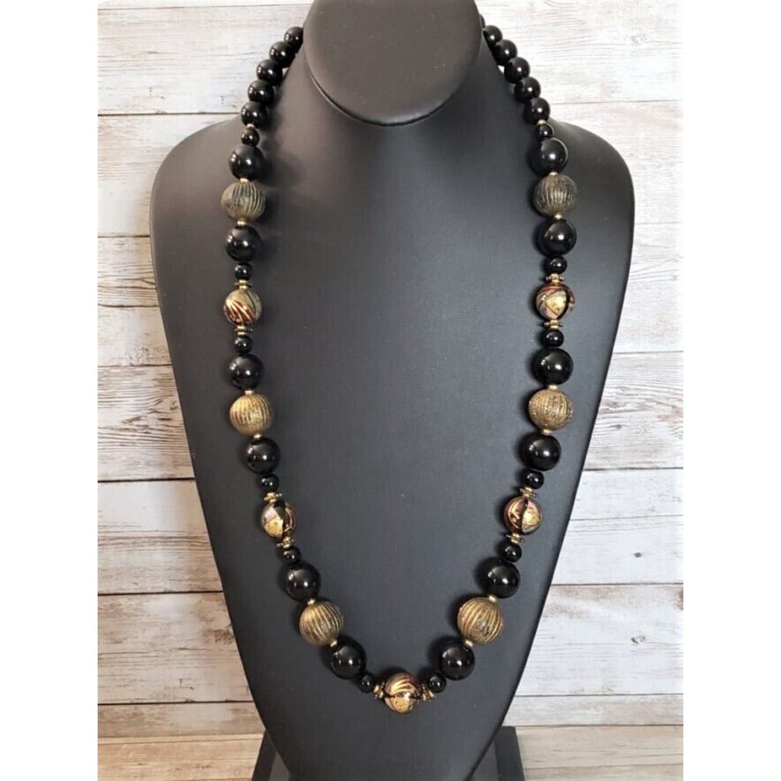 Vintage Necklace - Antique Gold Tone & Black Chunky Statement Necklace