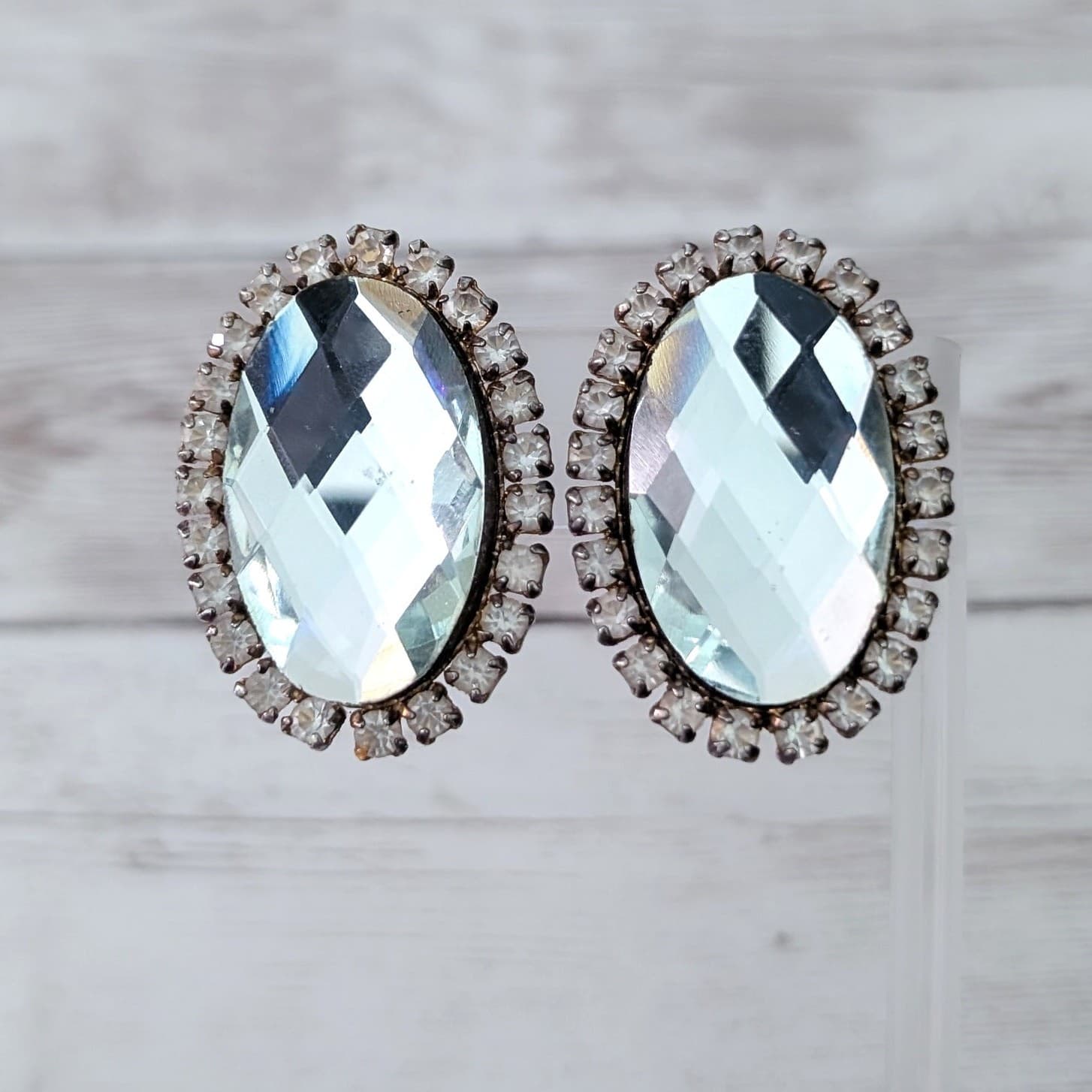 Vintage Clip On Earrings Extra Large Clear Gem Oval with Halo 1 & 5/8"