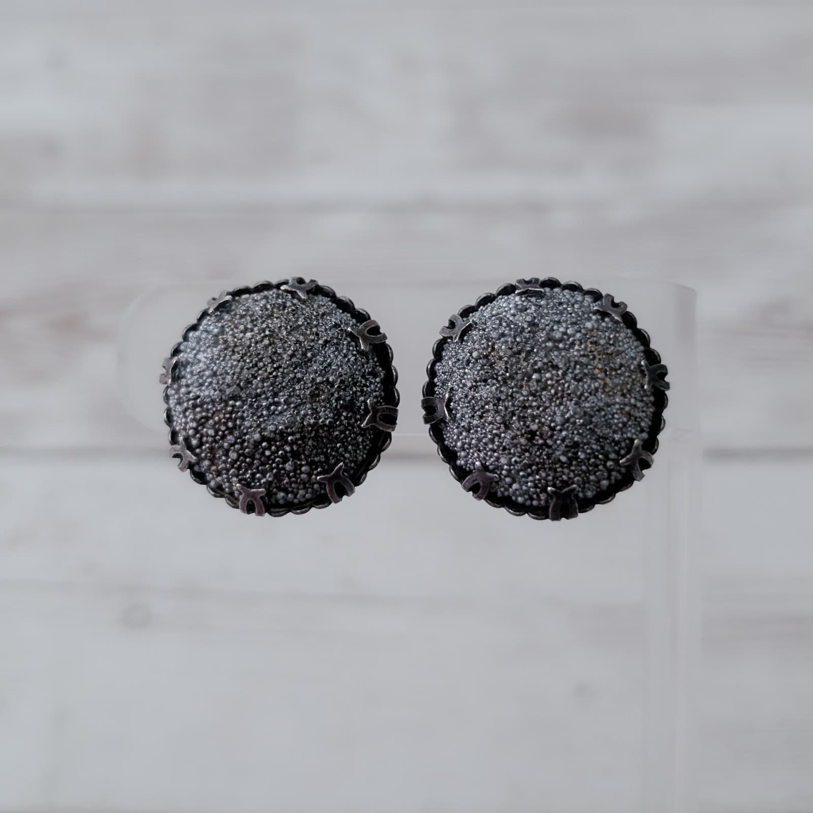 Vintage Clip On Earrings Very Unusual Dark Gray Domed & Bumpy