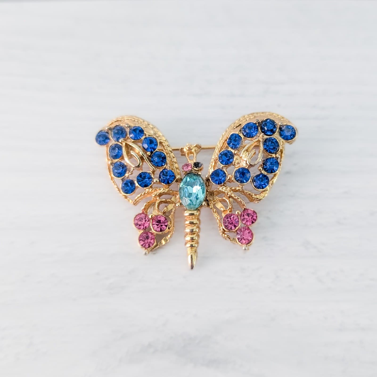 Vintage Brooch / Vintage Pin Butterfly with Pink & Blue Gems - One Missing