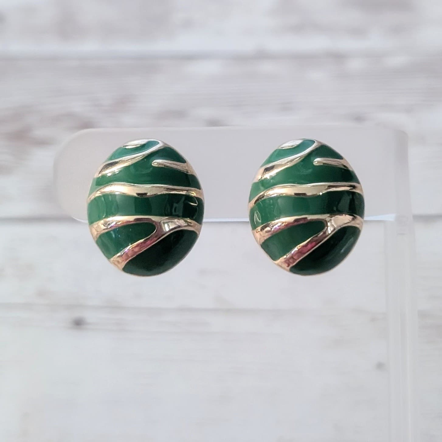 Vintage Clip On Earrings Statement Green & Gold Tone Striped Regal 7/8"