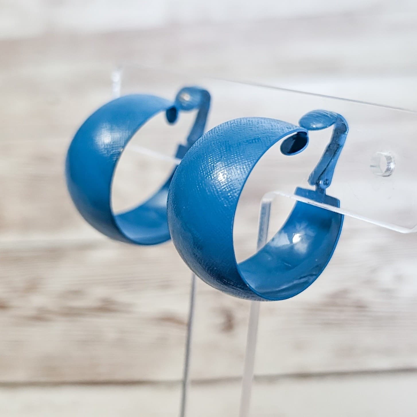 Vintage Clip On Earrings - Large Chunky Bright Blue Retro Hoops