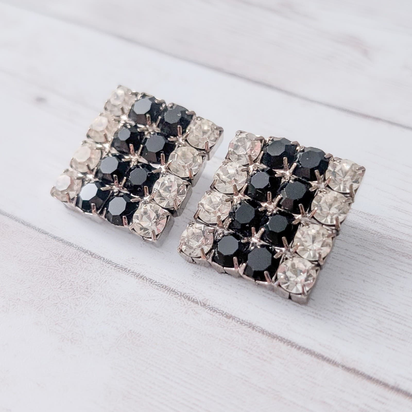 Vintage Clip On Earrings Very Large Statement Hollywood Glam Black & Clear Gems