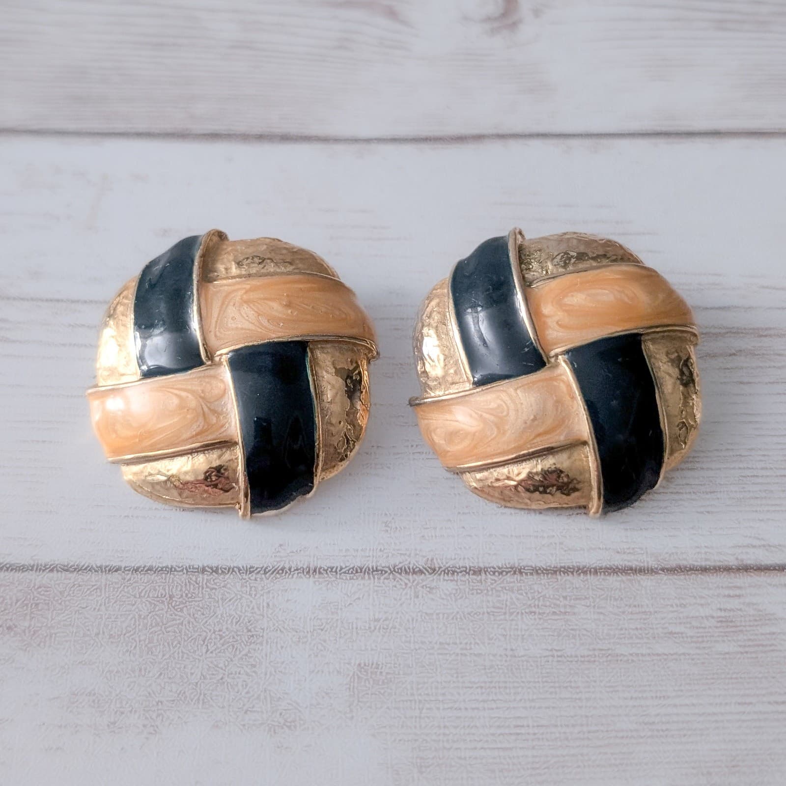 Vintage Clip On Earrings Very Large Chunky Gold Tone & Enamel Circle Statement
