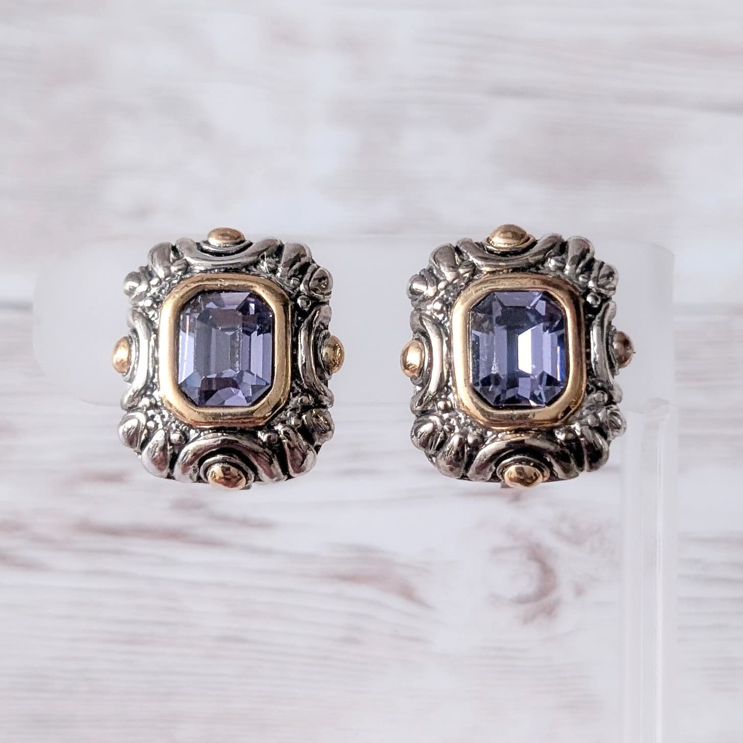 Vintage Clip On Earrings Stunning Silver Tone, Gold Tone, Purple Gem Statement