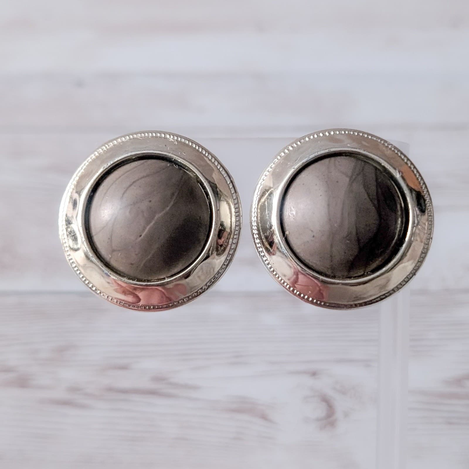Vintage Clip On Earrings Dusky Brown & Light Gold Tone Large Statement