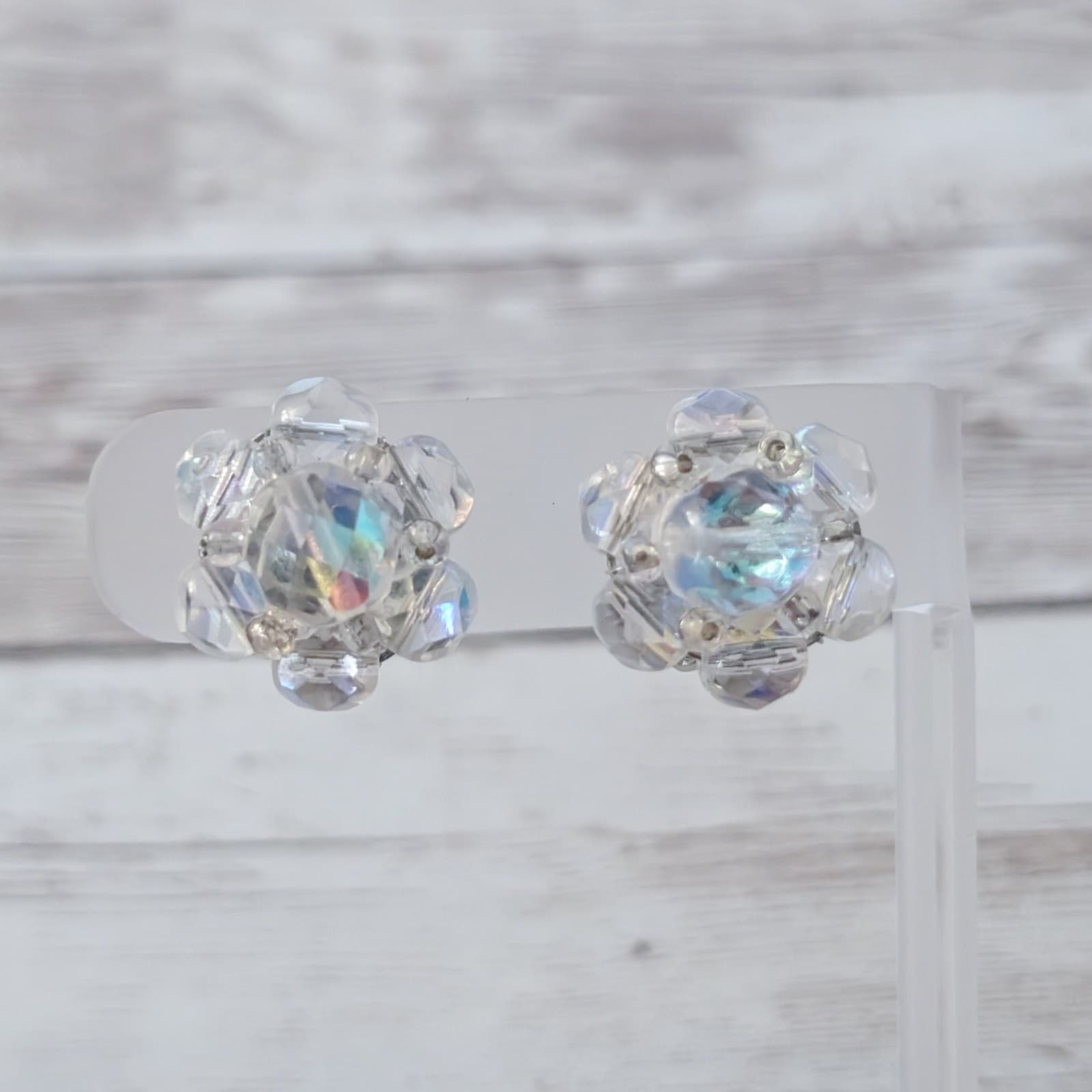 Vintage Clip On Earrings 7/8" Clear with Iridescent Finish