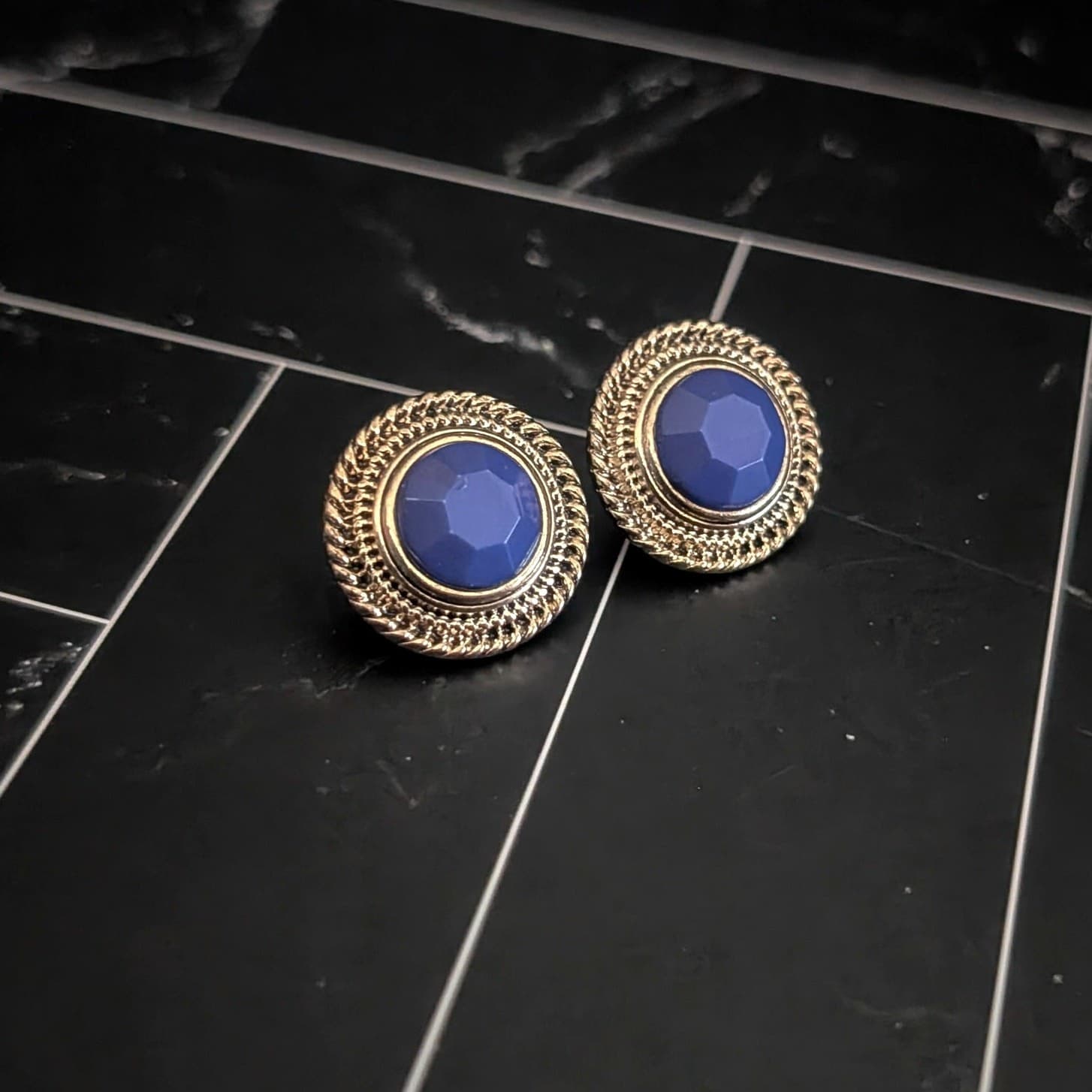 Vintage Clip On Earrings Antique Shade of Gold Tone with Blue Center 0.75"