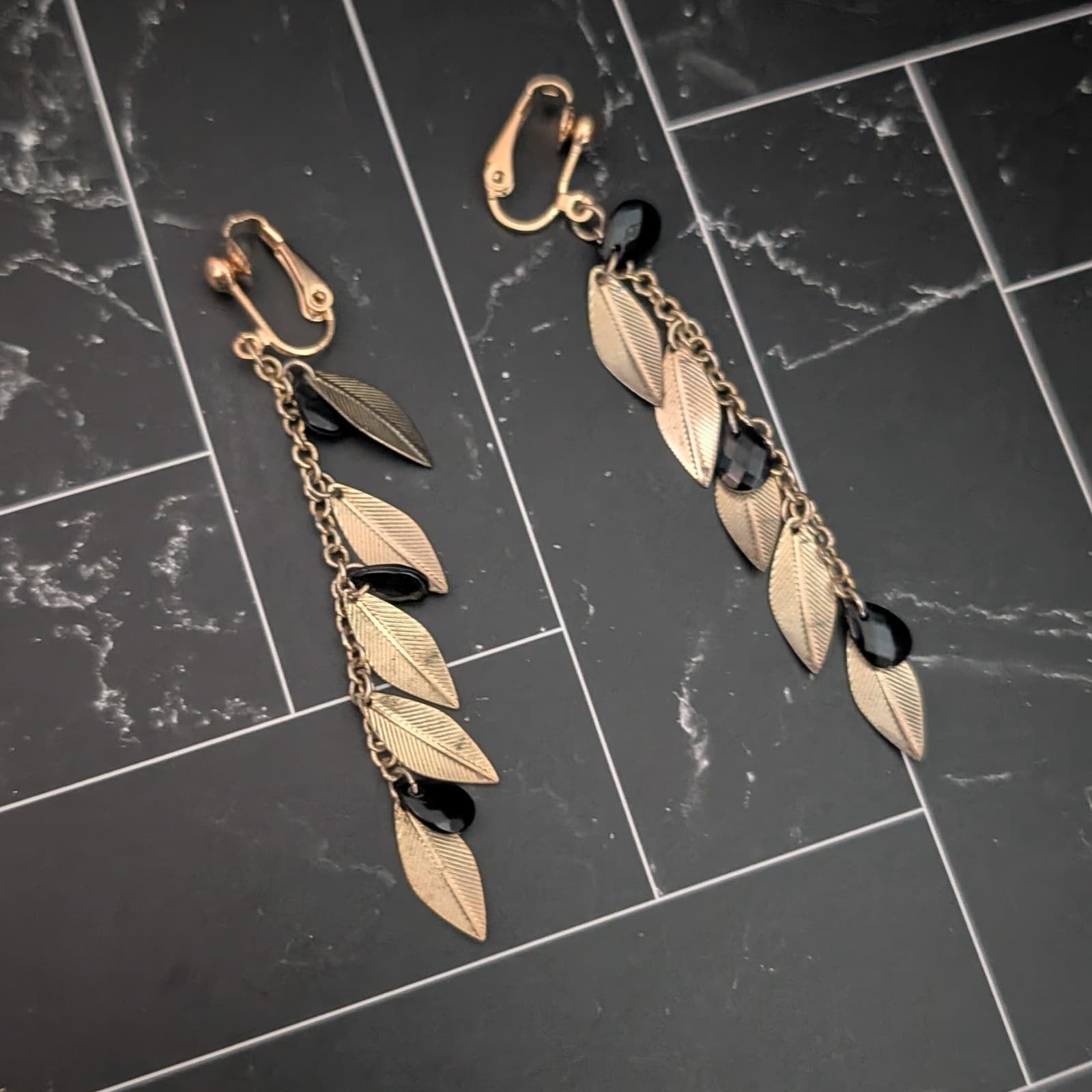 Vintage Clip On Earrings 3.5" Extra Long Dangle Gold Tone Leaves Black Accents