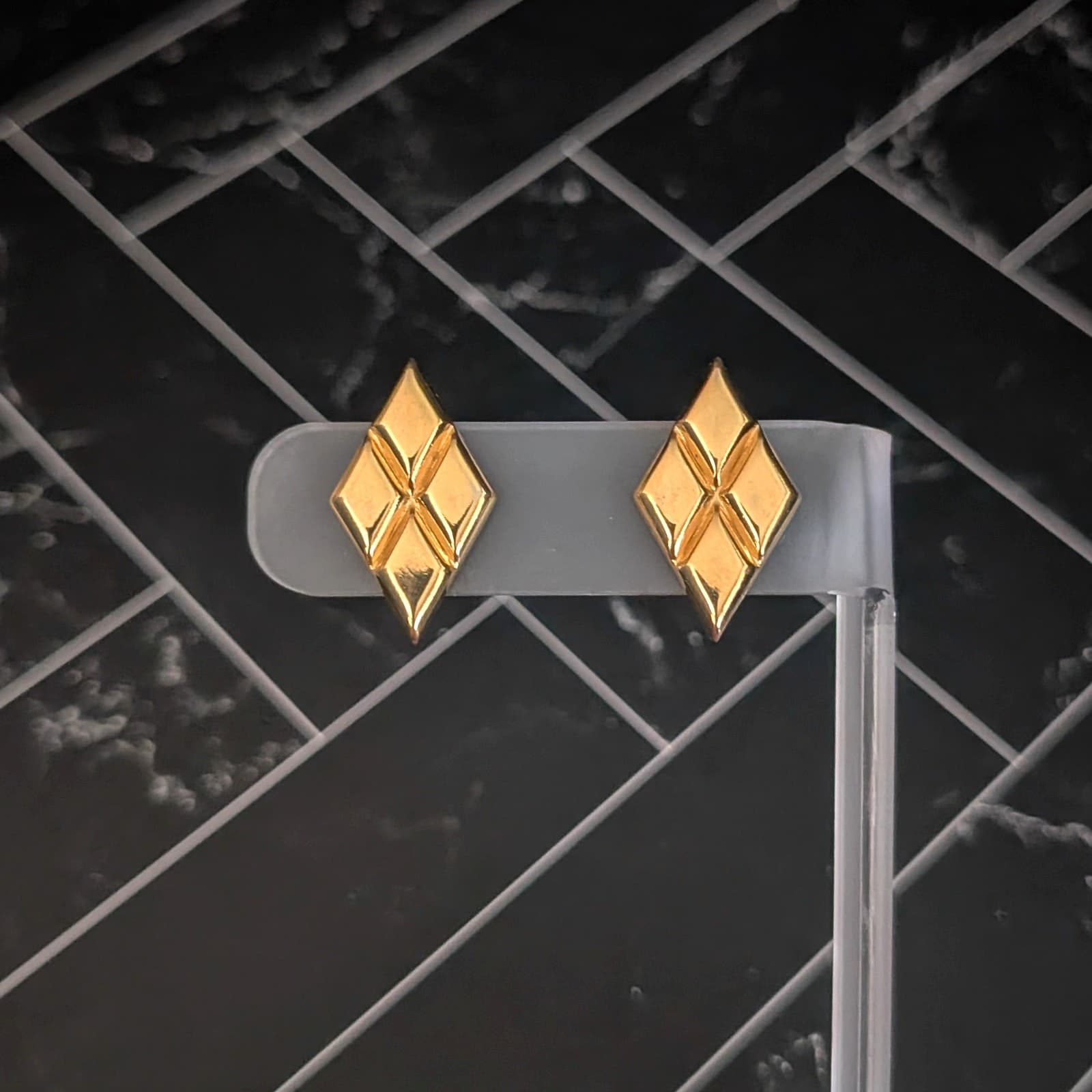 Vintage Clip On Earrings Gold Tone Diamond Shape with Pattern Geometric