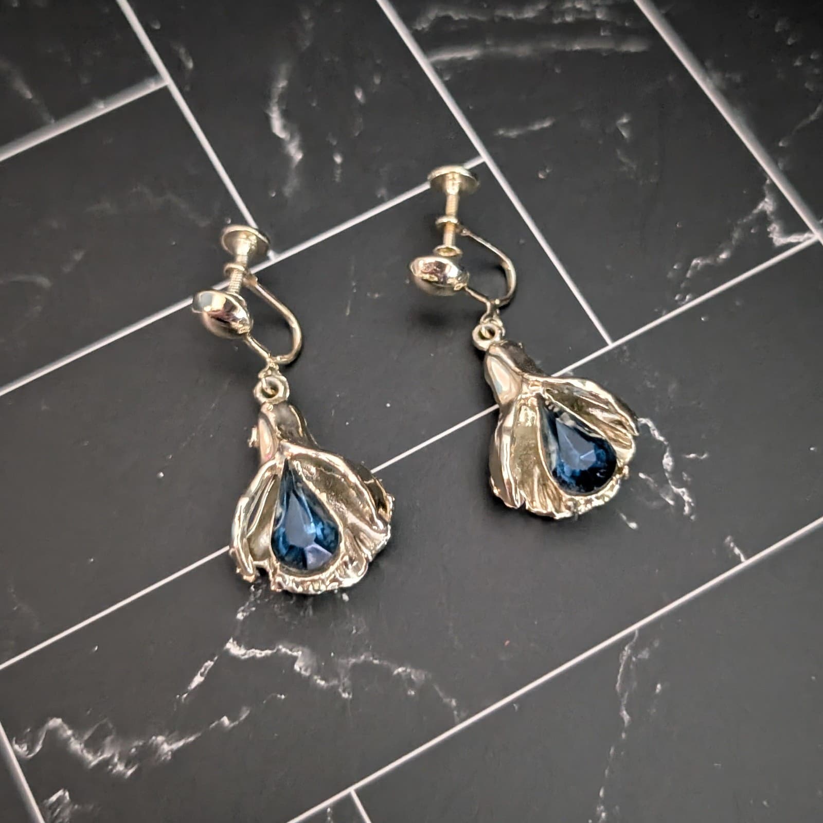 Vintage Screw Back Earrings Large Regal & Elegant Gold Tone with Blue Gem Dangle
