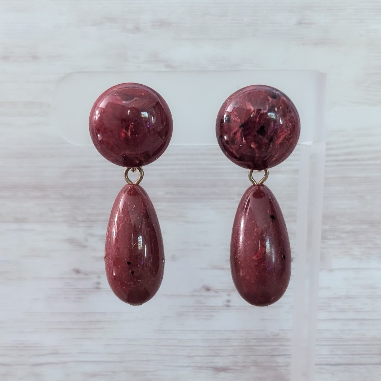 Vintage Clip On Earrings Dark Red Unusual Large Statement Dangle