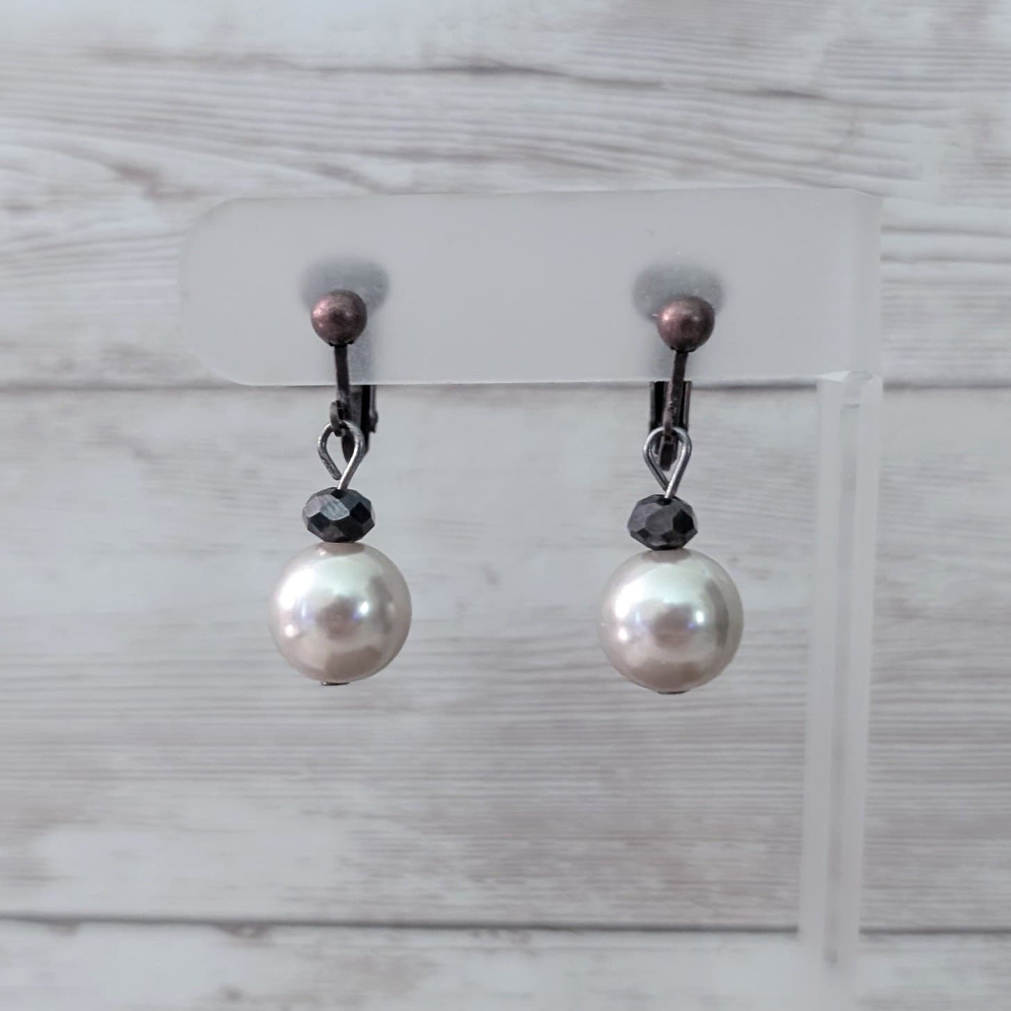 Vintage Clip On Earrings Brown & Faux Pearl Dangle