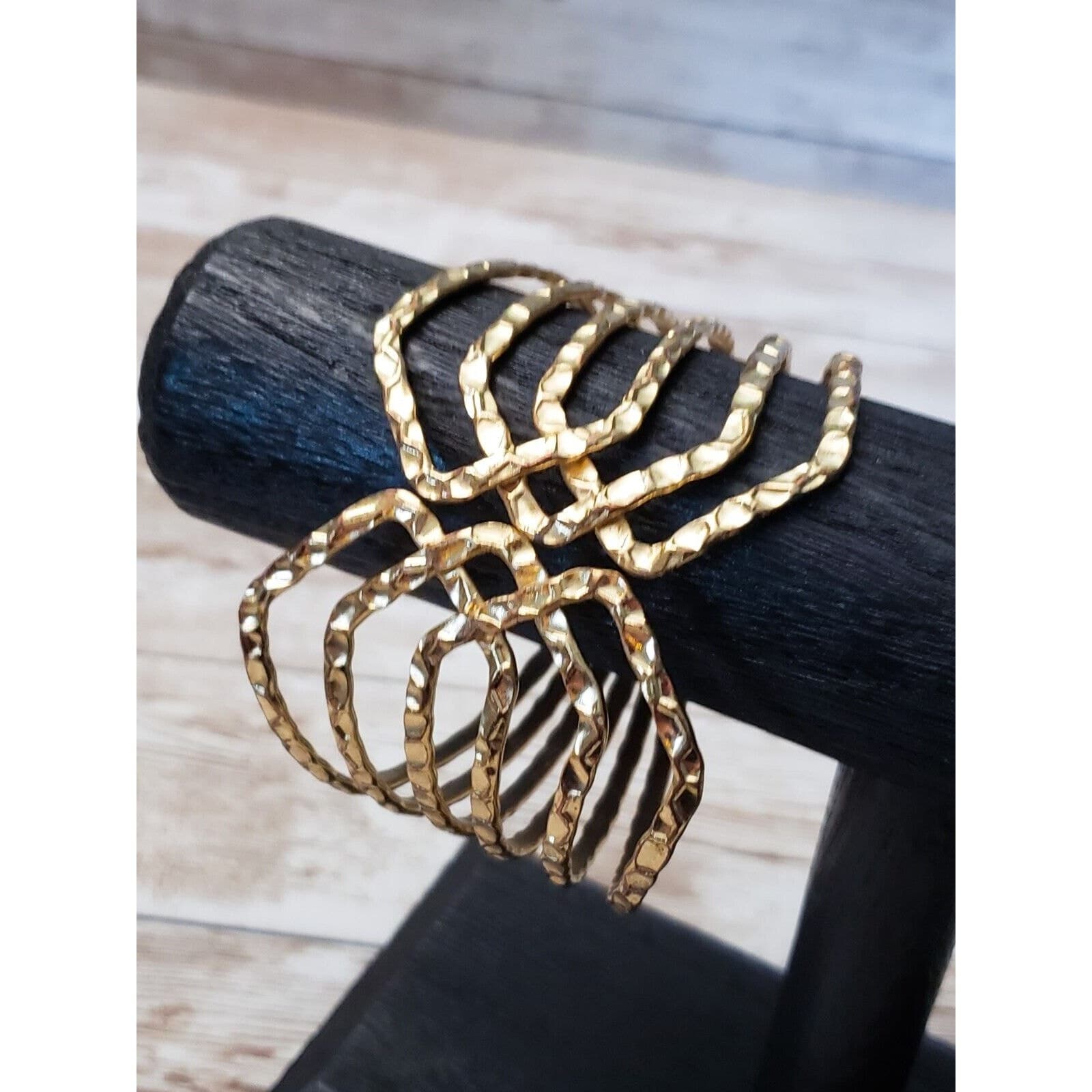 Vintage Hinged Bracelet / Bangle - Chunky Geometric Design Gold Tone