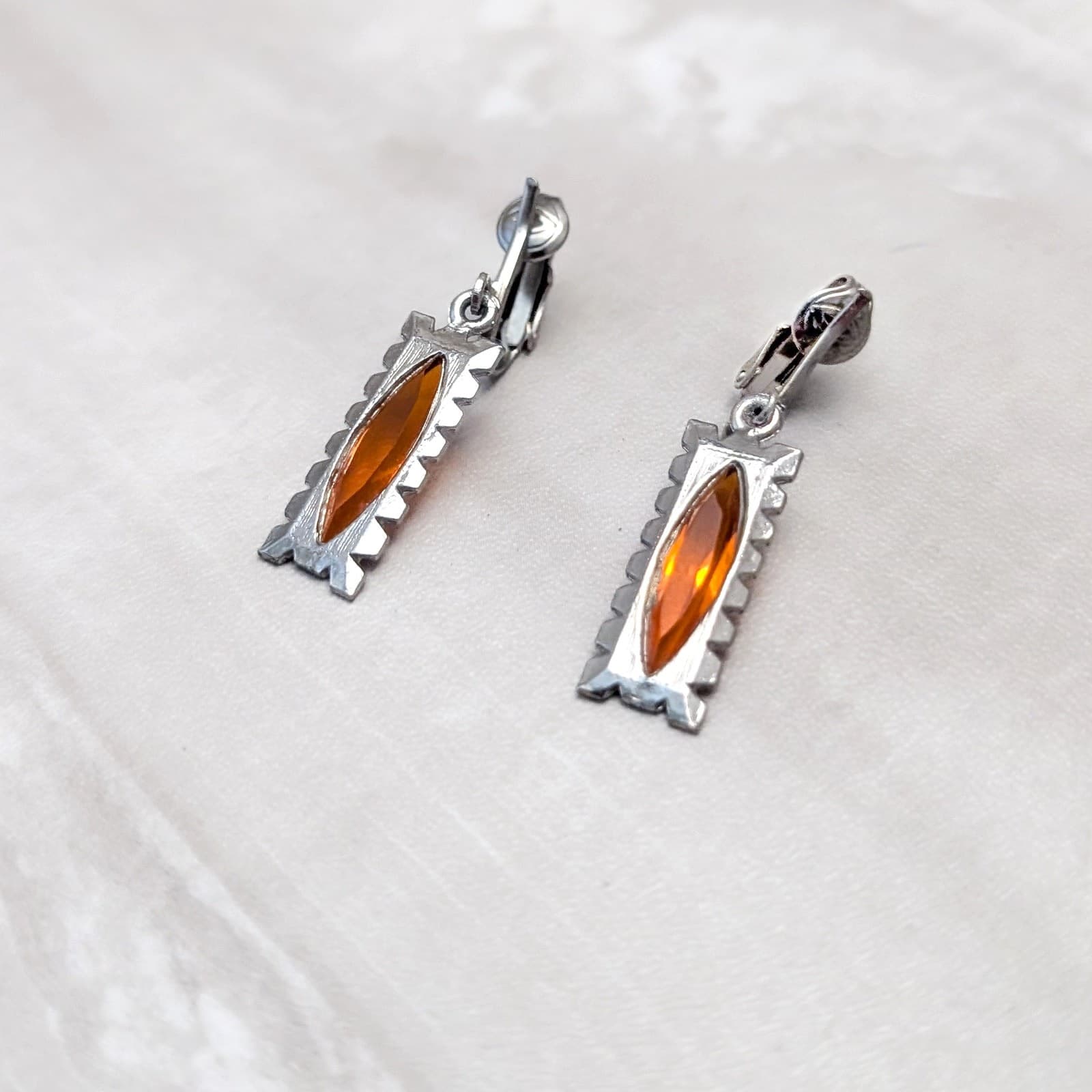 Vintage Clip On Earrings Silver Tone with Orange Gem Dangle Drop Statement Glam