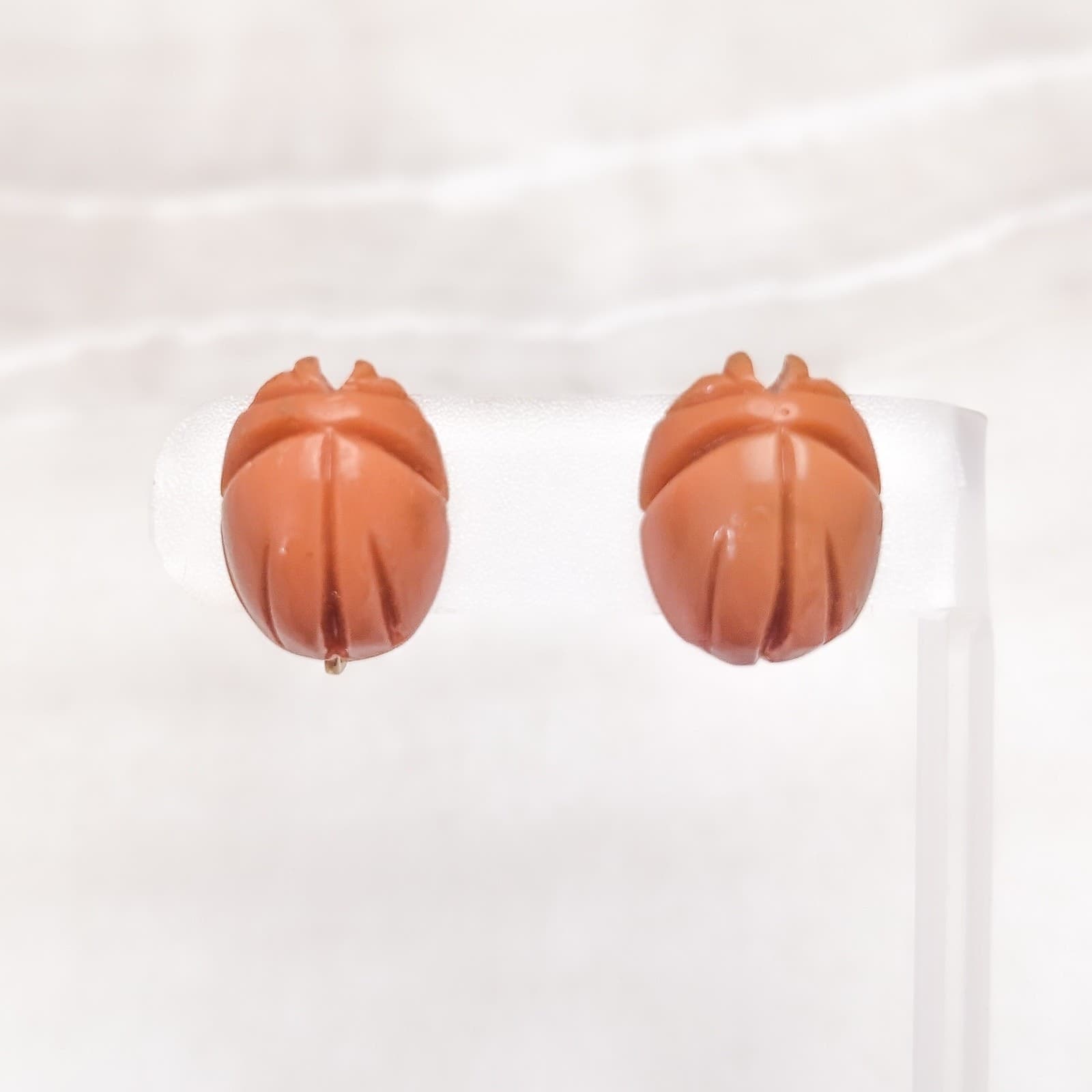 Vintage Clip On Earrings Scarab? Design Muted Burnt Orange 7/8" Retro Statement